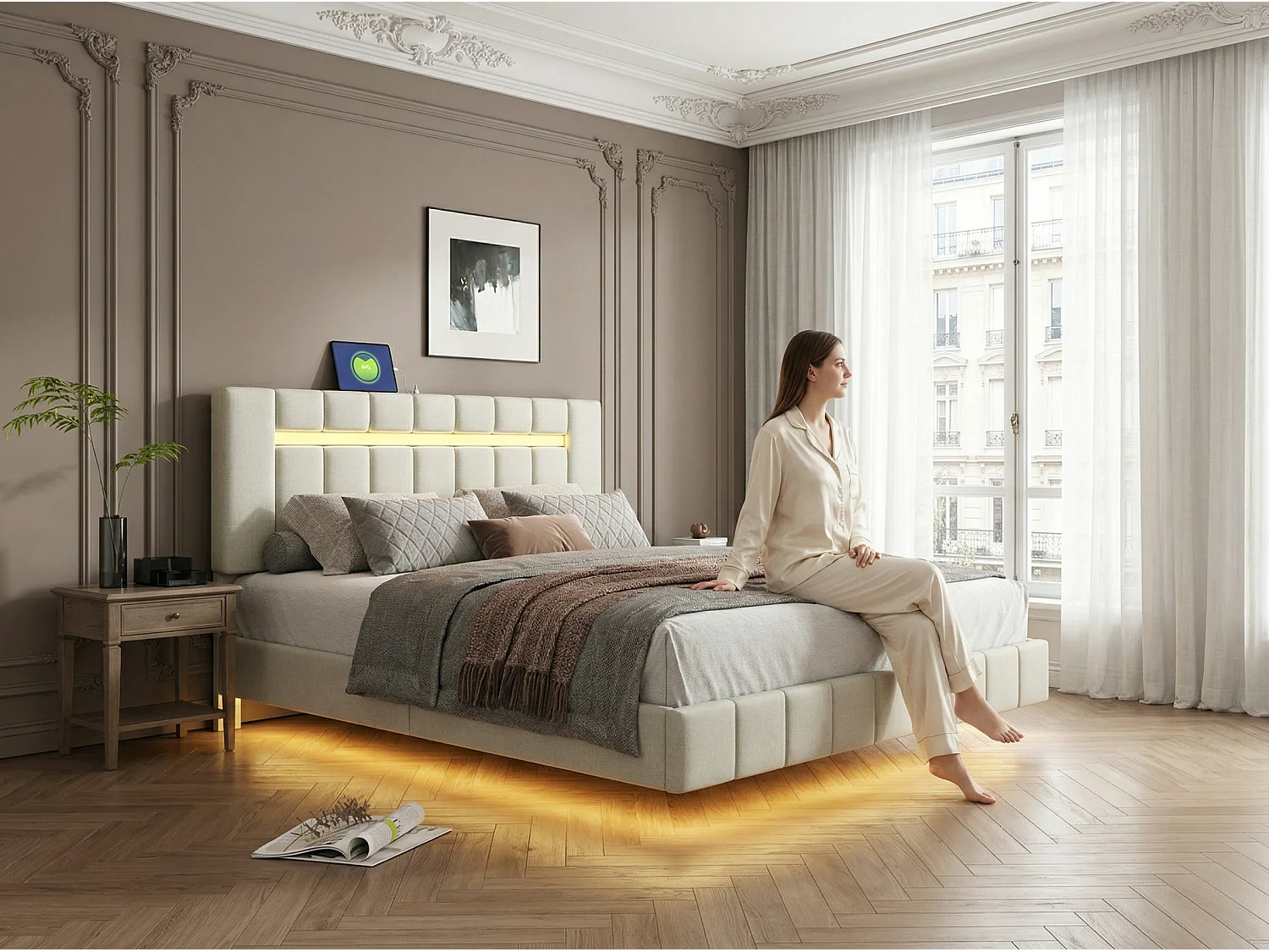 Lit 160x200 cm effet flottant avec tête de lit - LEDs - Tissu lin beige - Sommier à lattes
