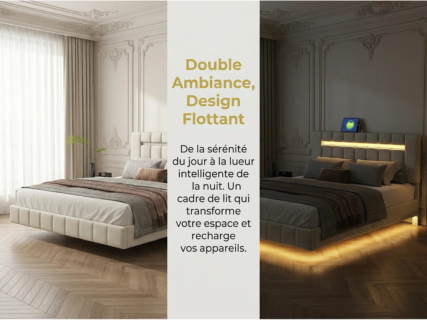 Lit 160x200 cm effet flottant avec tête de lit - LEDs - Tissu lin beige - Sommier à lattes