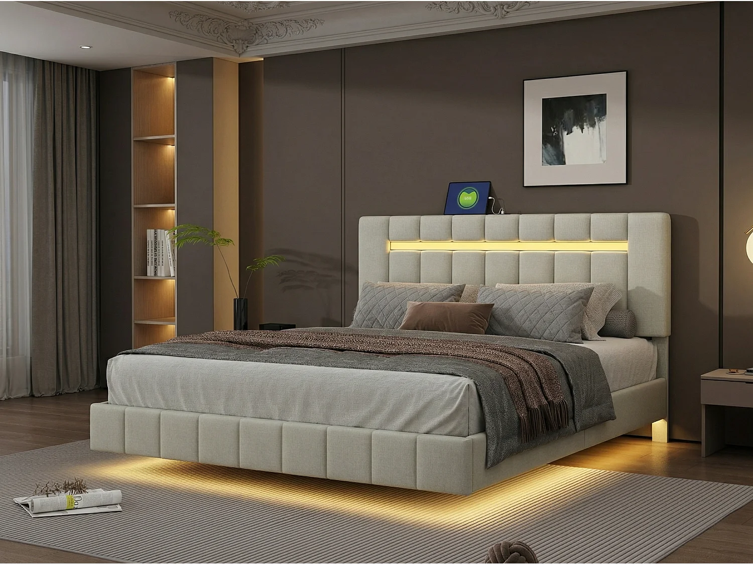 Lit 160x200 cm effet flottant avec tête de lit - LEDs - Tissu lin beige - Sommier à lattes