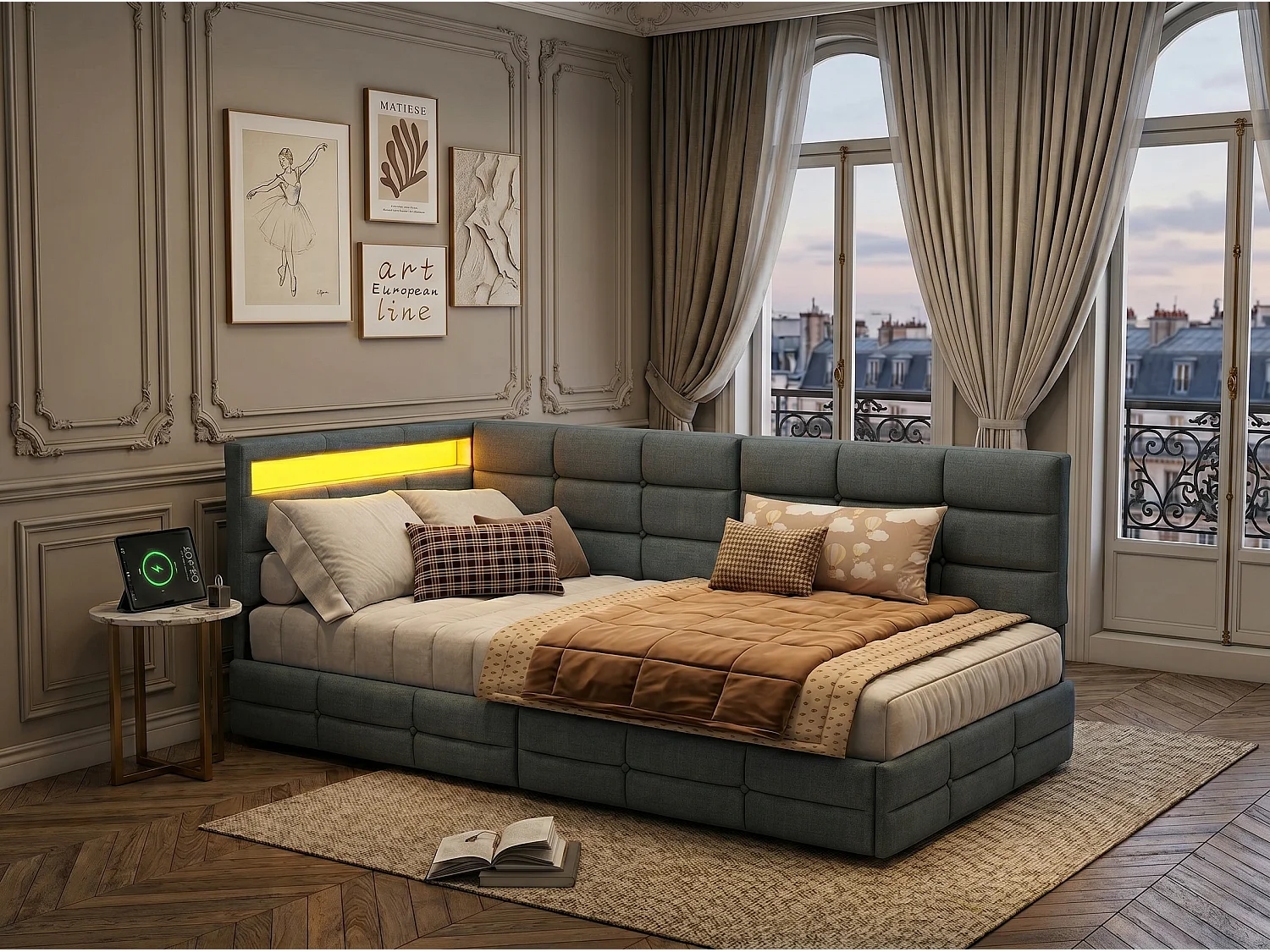 Lit avec rangement - 140x200cm - tissu beige, tête capitonnée avec LED - pour adulte et enfant