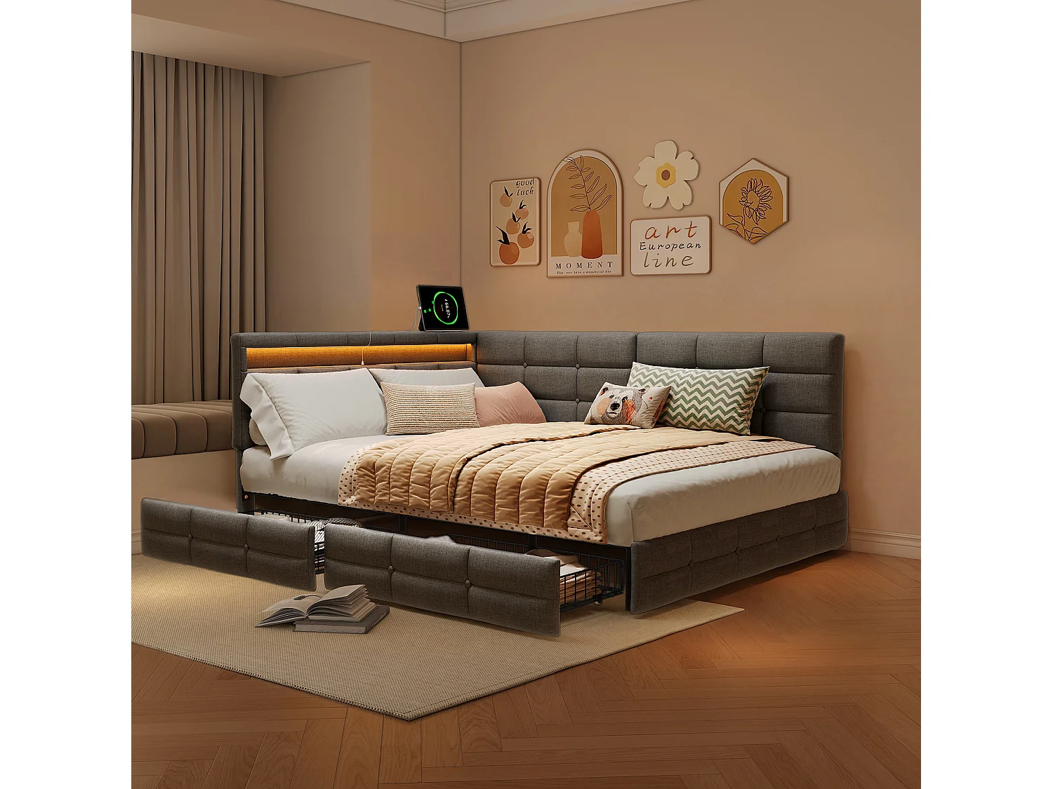 Lit avec rangement - 140x200cm - tissu beige, tête capitonnée avec LED - pour adulte et enfant