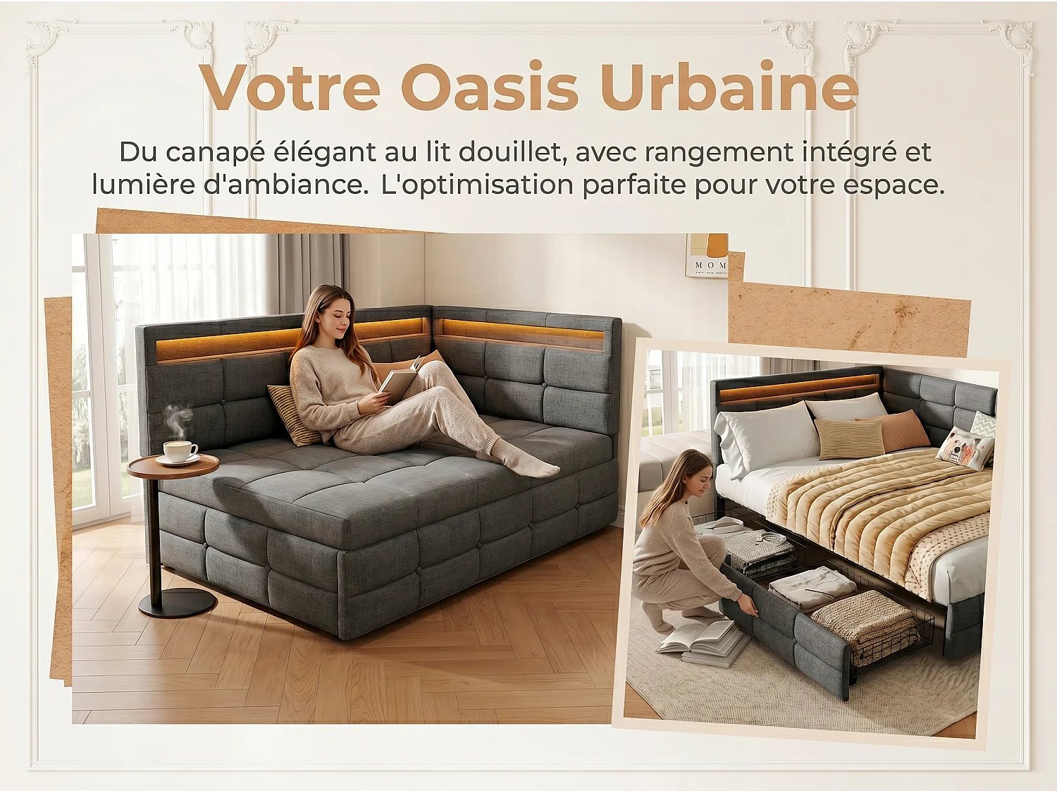 Lit avec rangement - 140x200cm - tissu beige, tête capitonnée avec LED - pour adulte et enfant
