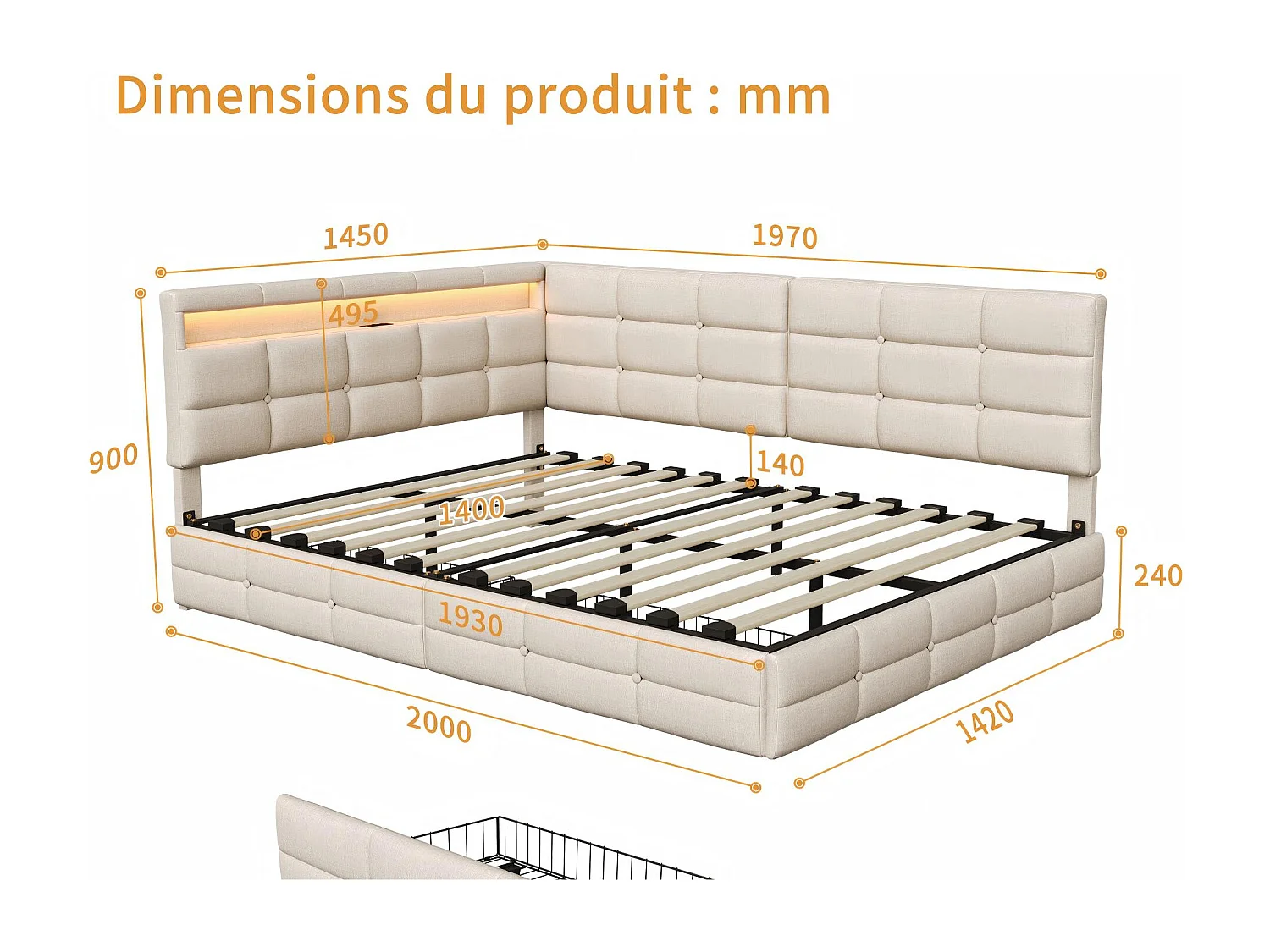 Lit avec rangement - 140x200cm - tissu beige, tête capitonnée avec LED - tiroirs et sommier à lattes
