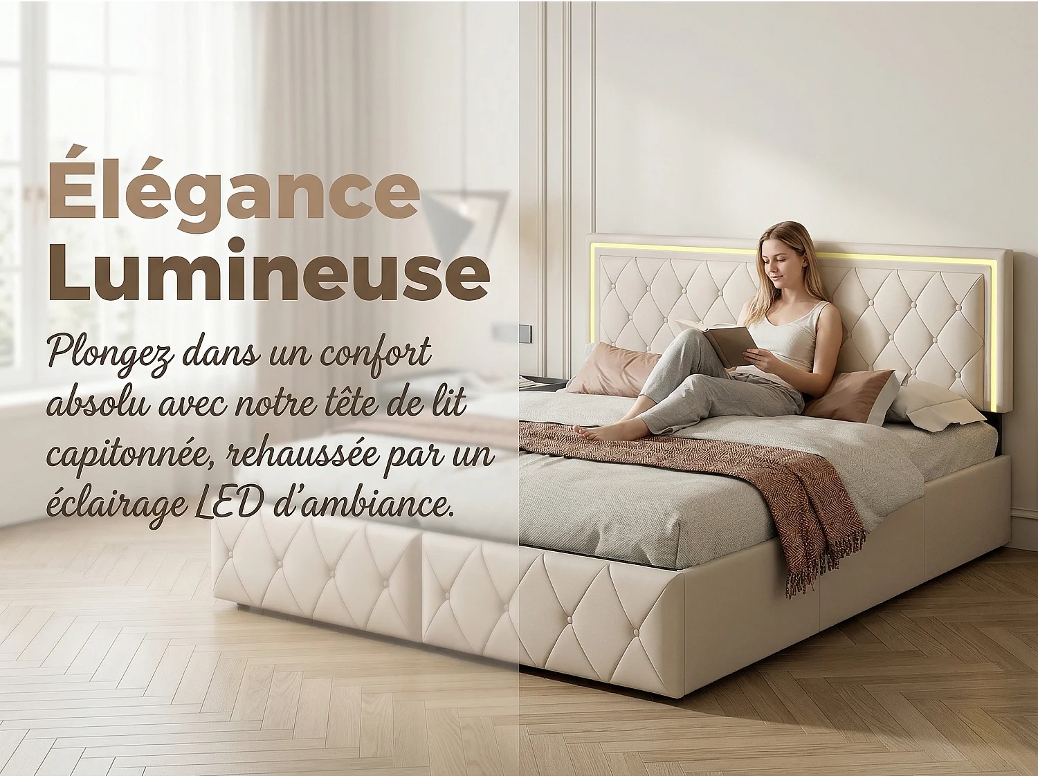 Lit rembourré 160 x 200 cm - LED RGB, 4 tiroirs et tête capitonnée