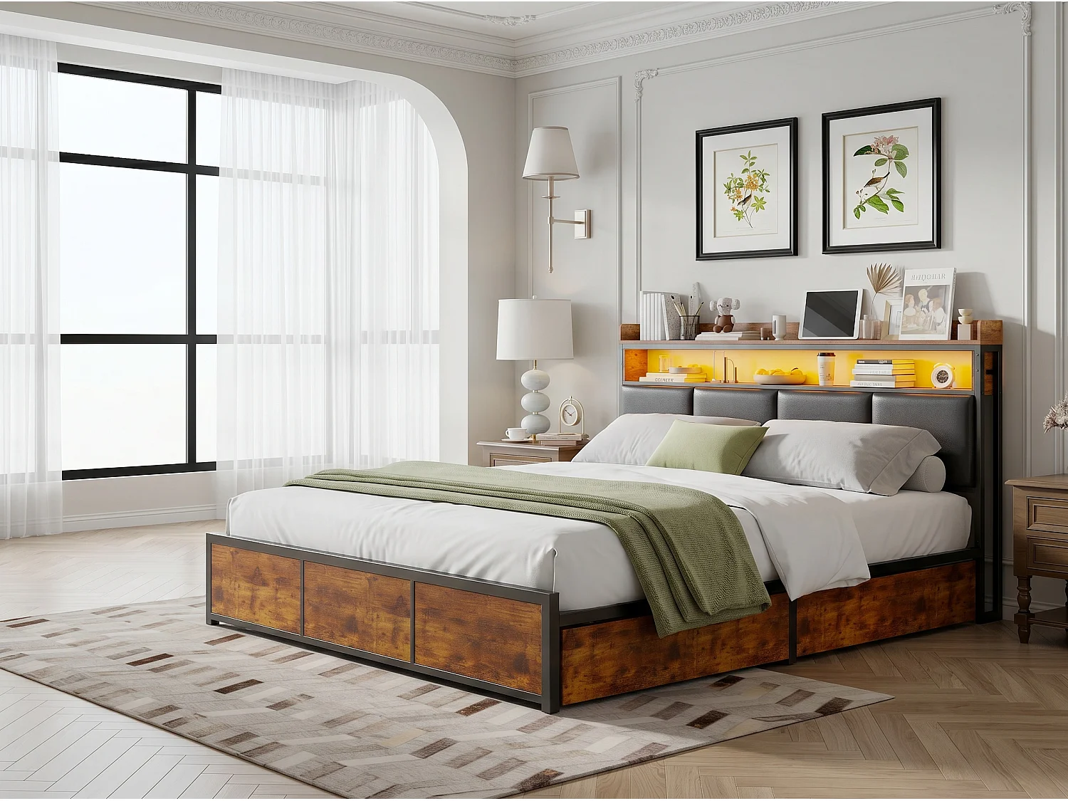 Lit 160x200 cm - avec rangement - 4 tiroirs - tête de lit avec étagère - design moderne
