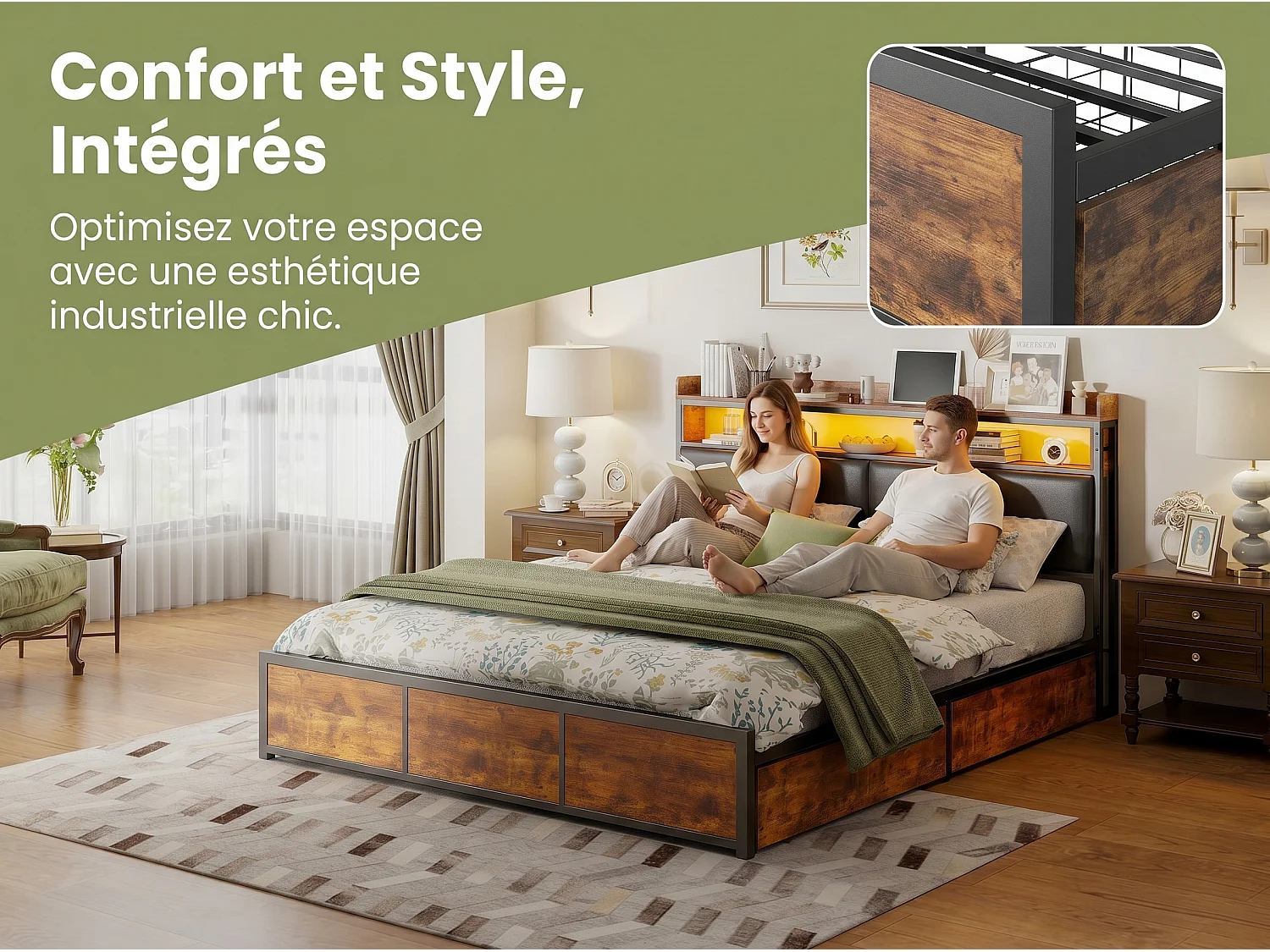 Lit 160x200 cm - avec rangement - 4 tiroirs - tête de lit avec étagère - design moderne