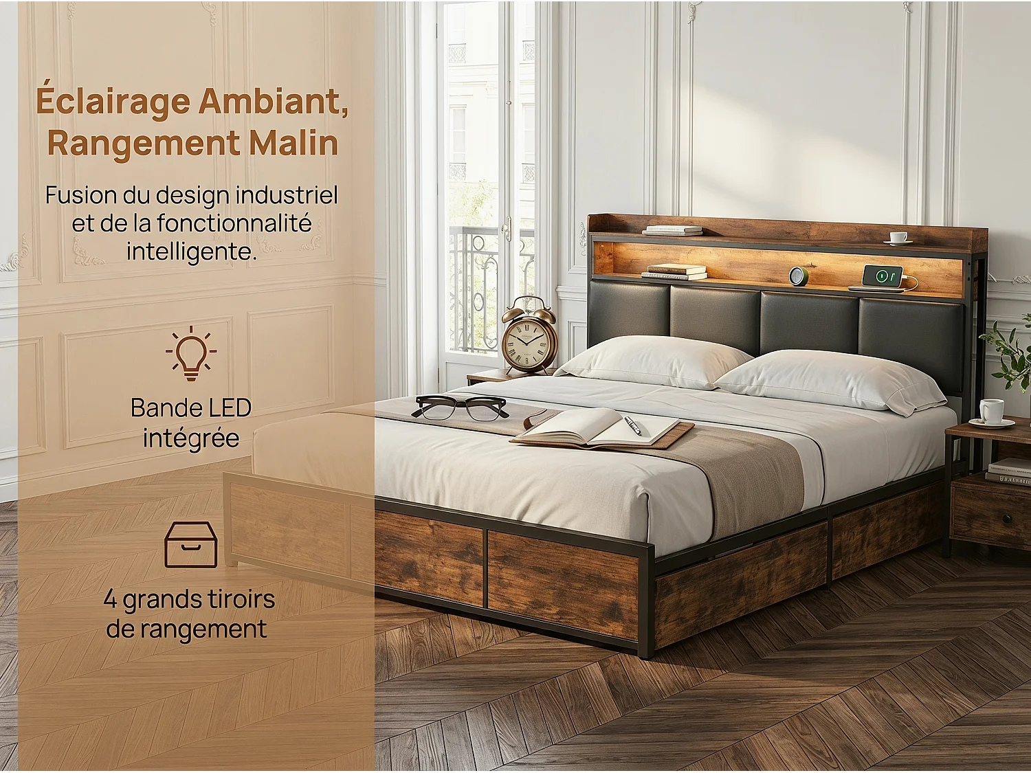 Lit 160x200 cm - avec rangement - 4 tiroirs - tête de lit avec étagère - design moderne