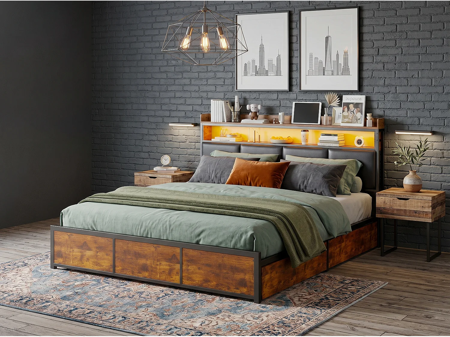 Lit 140x200 cm - avec rangement - 4 tiroirs - tête de lit avec étagère - design moderne