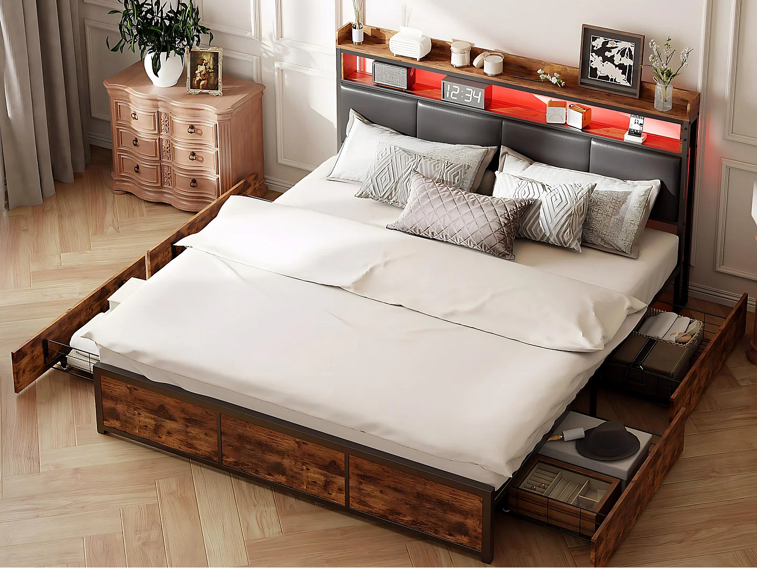 Lit 140x200 cm - avec rangement - 4 tiroirs - tête de lit avec étagère - design moderne