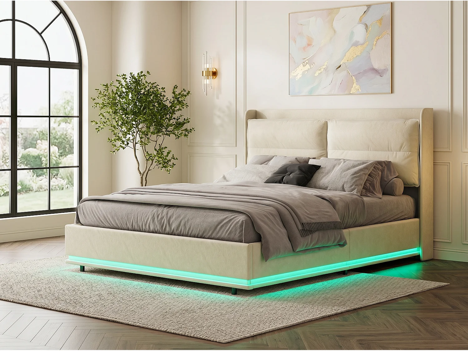 Lit 140x200 cm - Lit capitonné velours beige avec LED RGB - Sommier à lattes inclus - Grand rangement