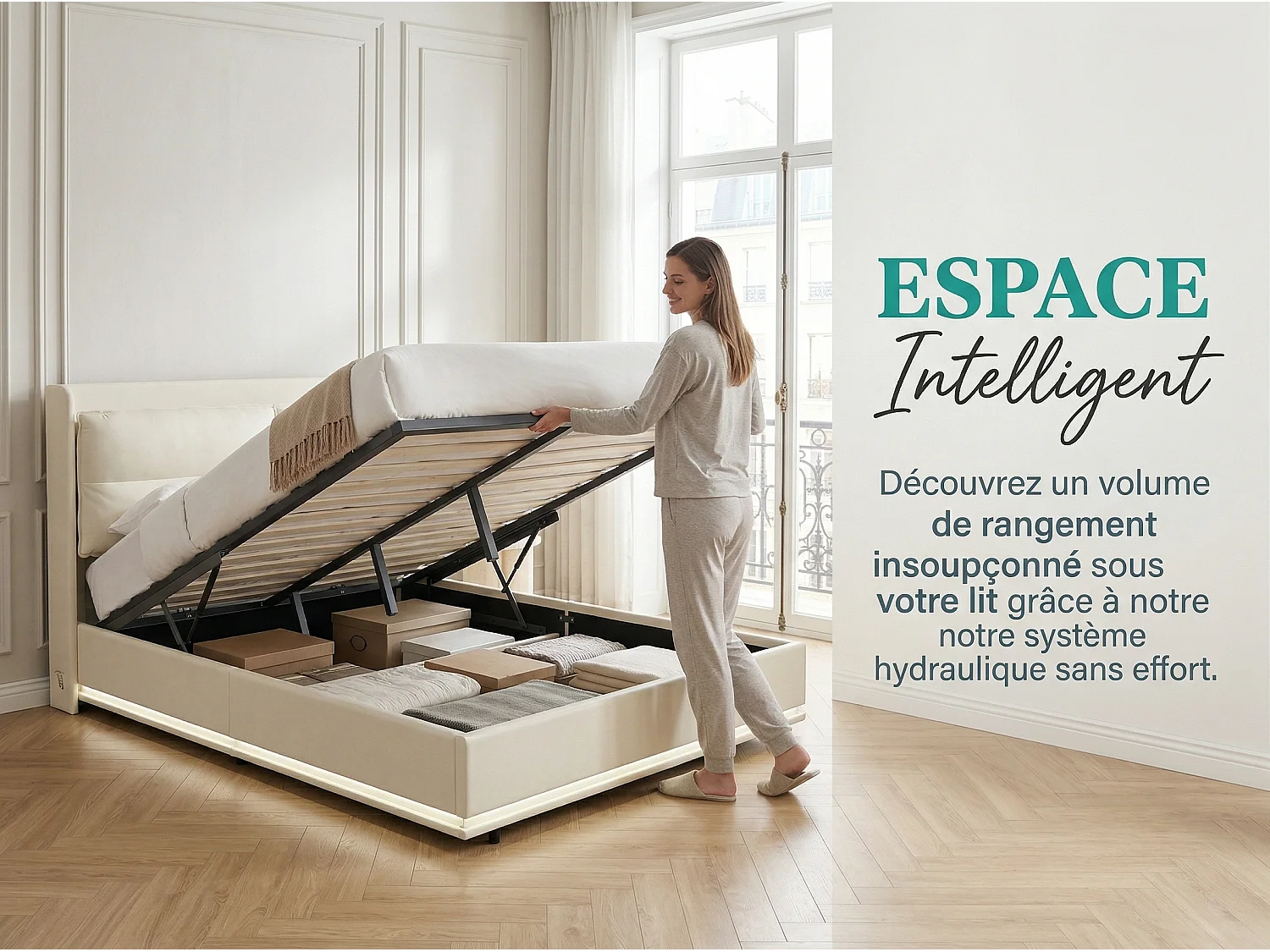 Lit 140x200 cm - Lit capitonné velours beige avec LED RGB - Sommier à lattes inclus - Grand rangement