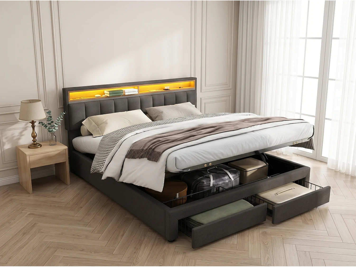 Lit double rembourré 180x200 cm en tissu lin gris avec LED et cadre en bois