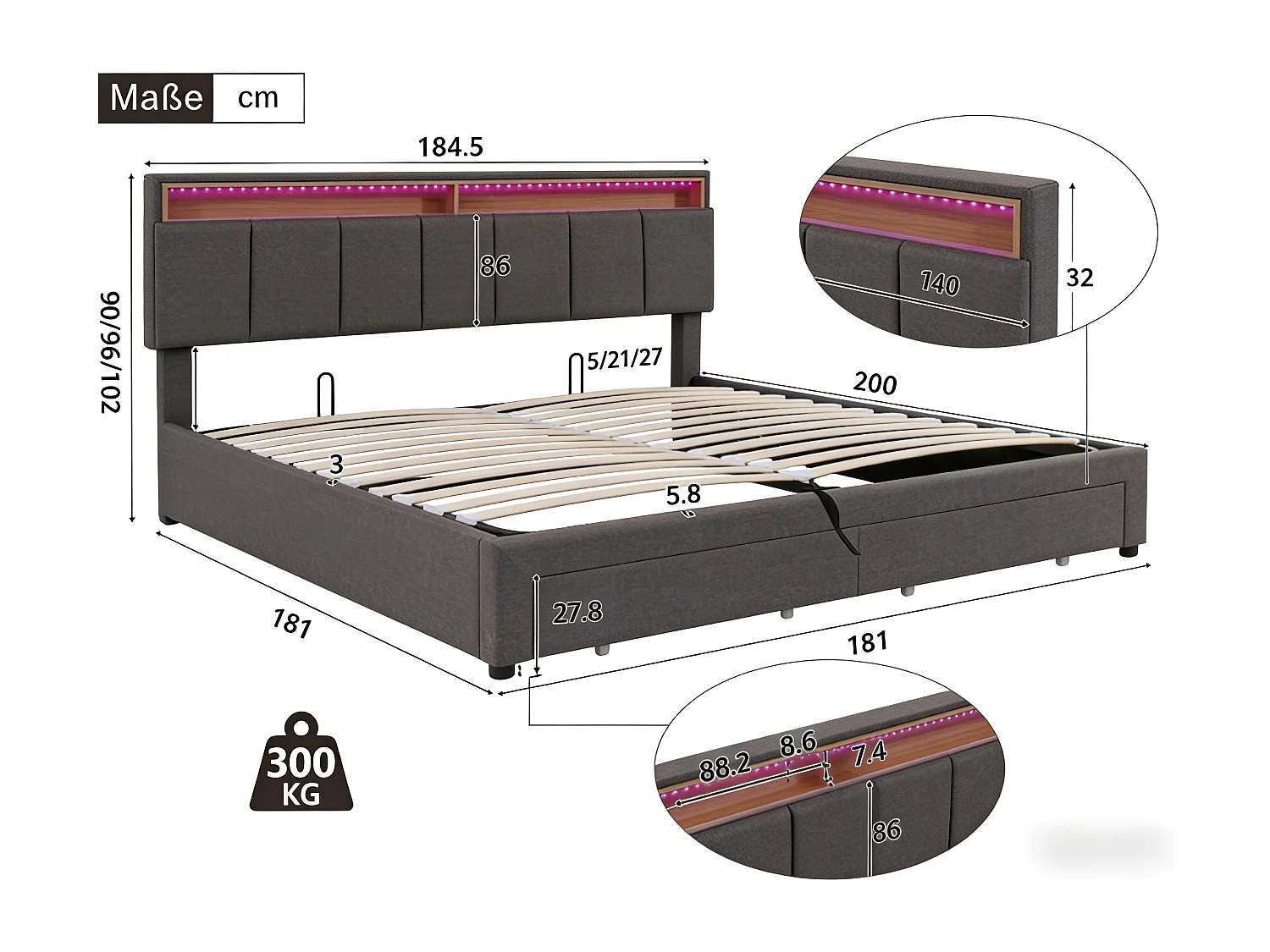 Lit double rembourré 180x200 cm en tissu lin gris avec LED et cadre en bois