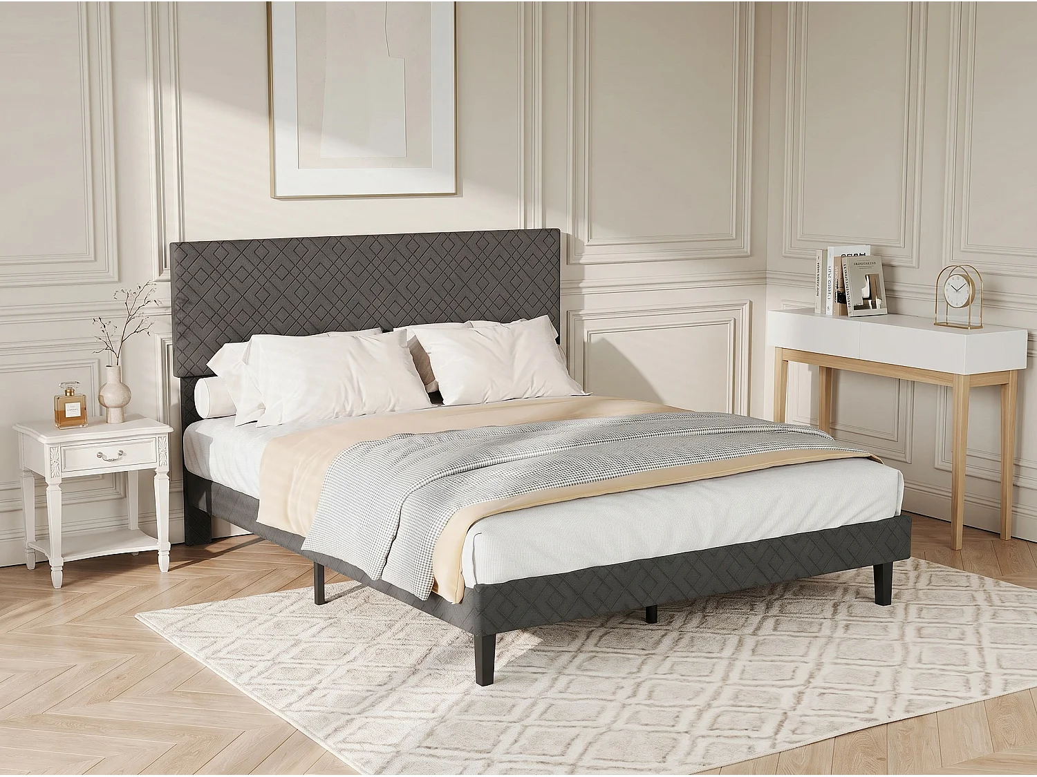 Lit double 160 x 200 cm - Tissu gris - Tête de lit capitonnée et cadre rembourré