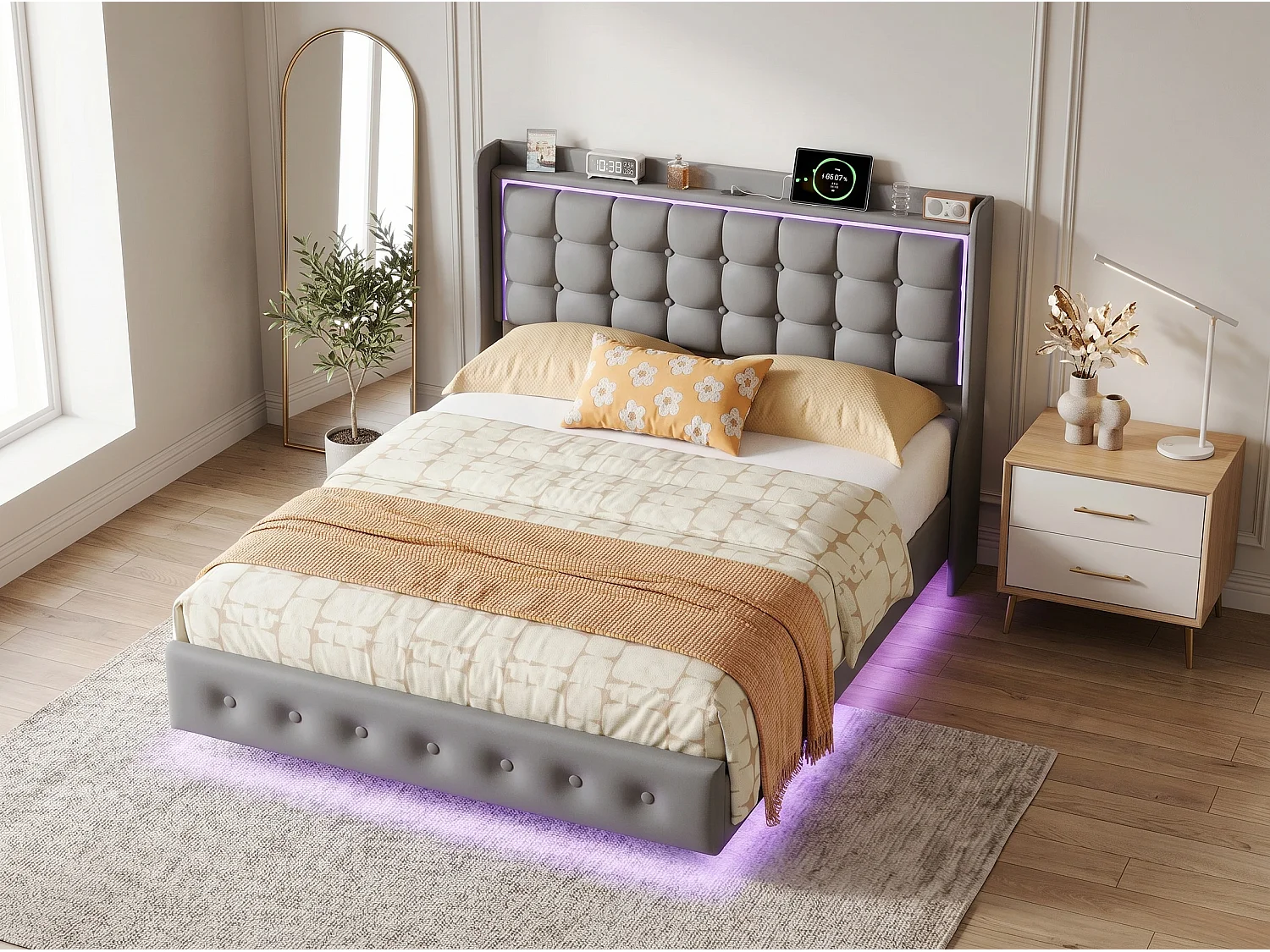 Lit double rembourré - Gris - LED et tête de lit capitonnée avec étagère