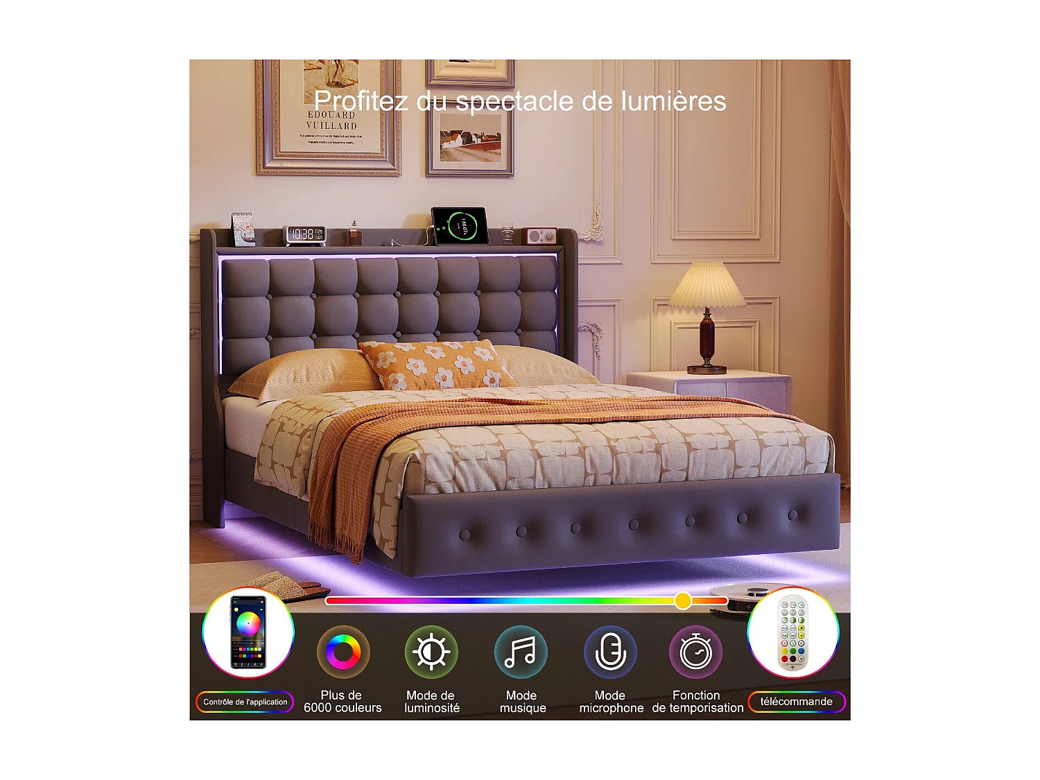 Lit double rembourré - Gris - LED et tête de lit capitonnée avec étagère
