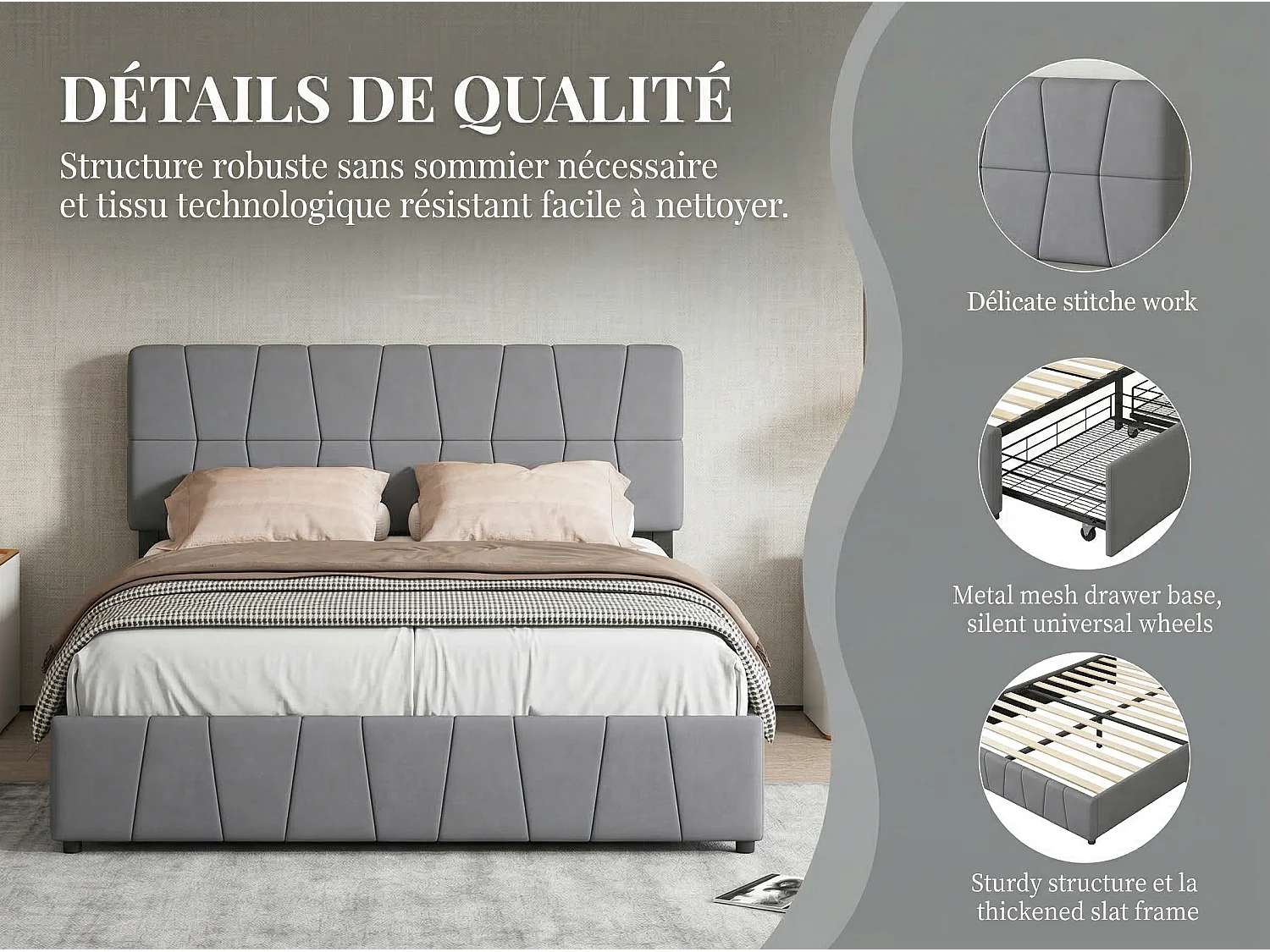 Lit rembourré 160 x 200 cm - Velours - Rangement et 4 compartiments mobiles