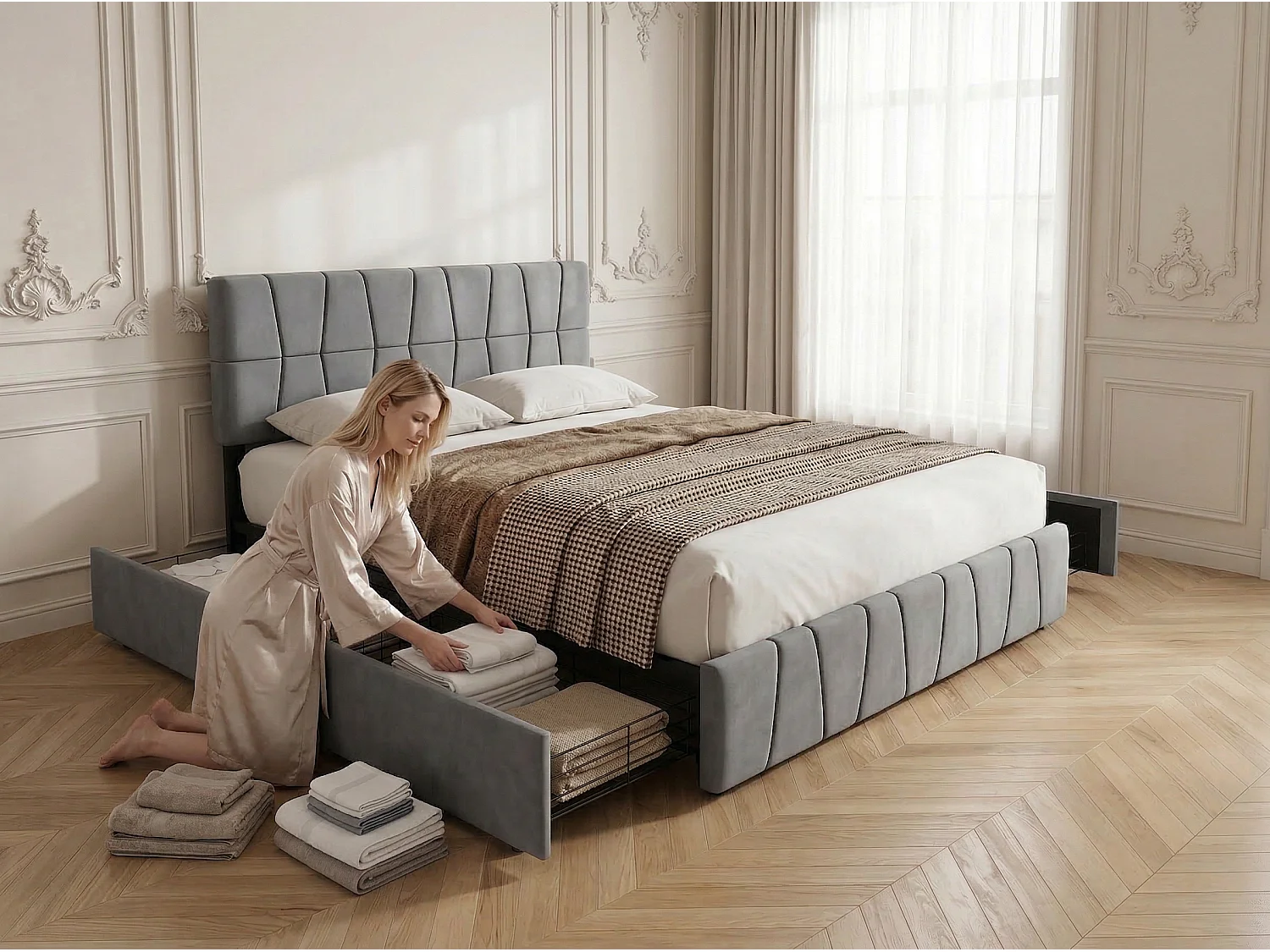 Lit rembourré 160 x 200 cm - Velours - Rangement et 4 compartiments mobiles