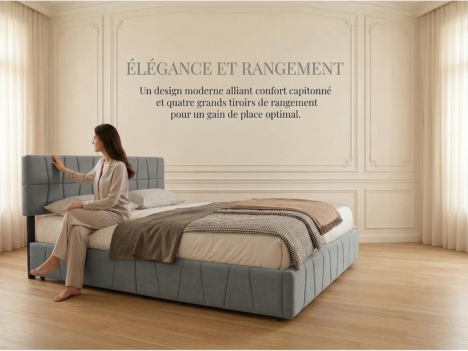 Lit rembourré 160 x 200 cm - Velours - Rangement et 4 compartiments mobiles