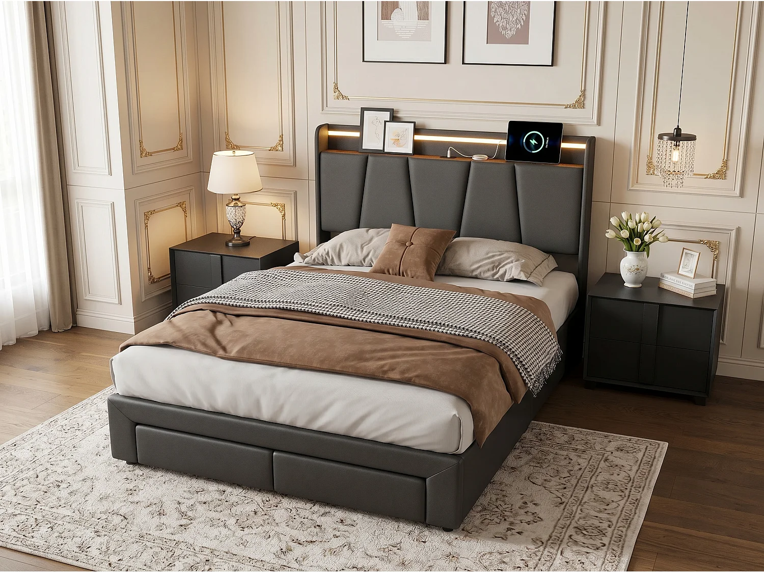 Lit avec 2 tiroirs - 160x200cm - avec LED, USB et tête de lit rangement - Gris