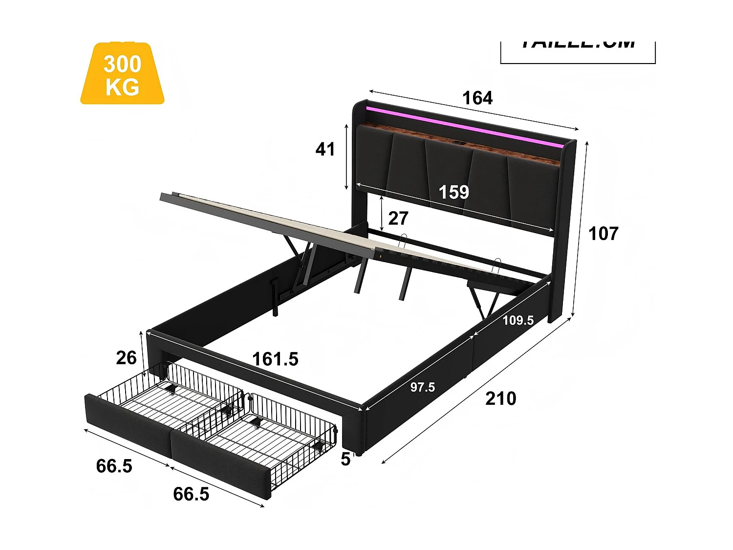 Lit avec 2 tiroirs - 160x200cm - avec LED, USB et tête de lit rangement - Gris