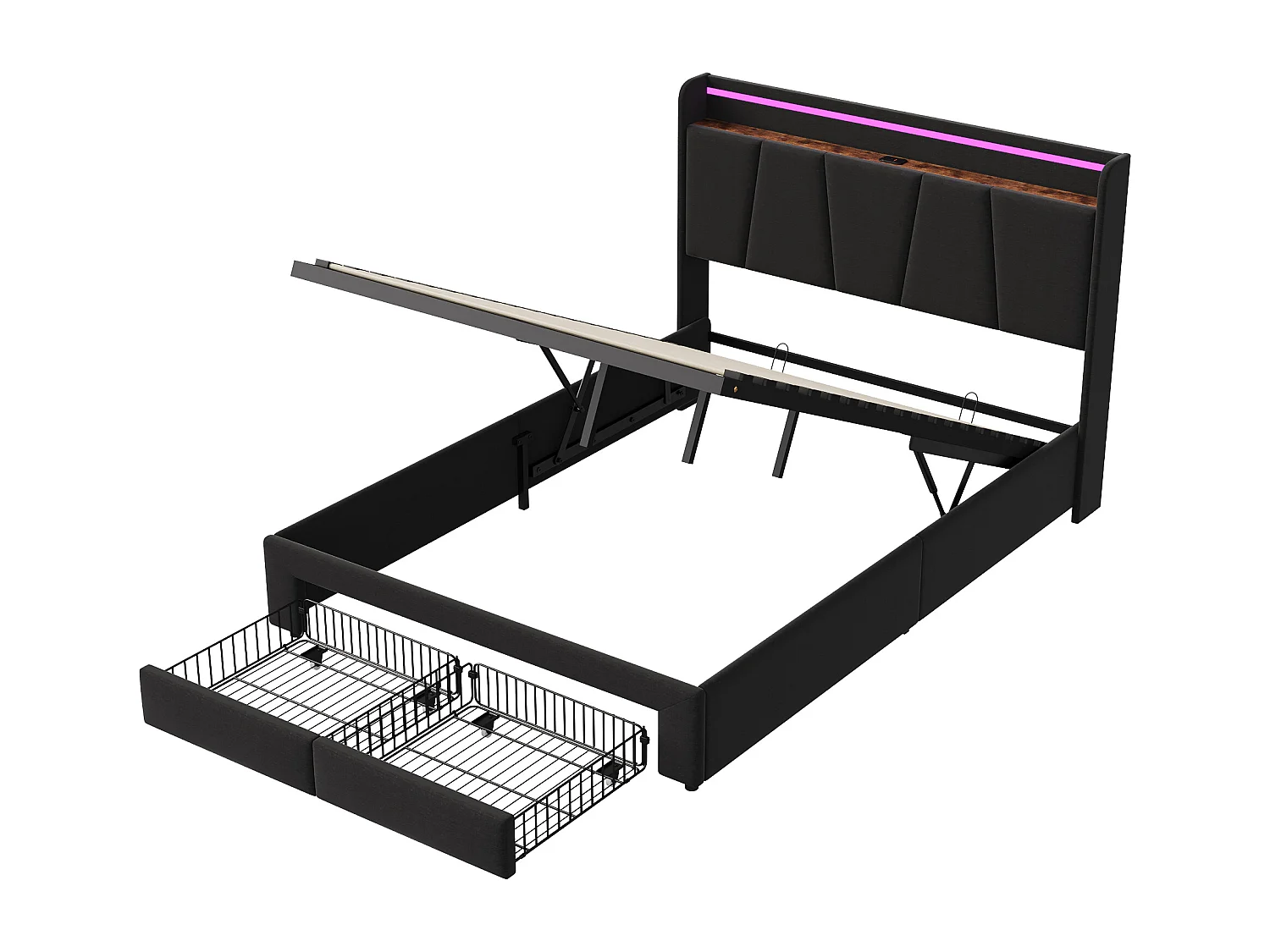 Lit avec 2 tiroirs - 160x200cm - avec LED, USB et tête de lit rangement - Gris