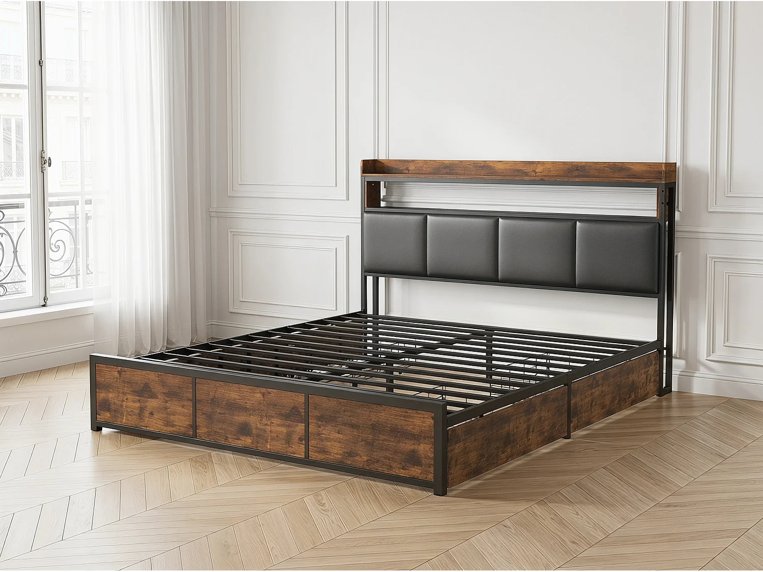 Lit avec 4 tiroirs - 180x200cm - avec rangement et tête de lit étagère