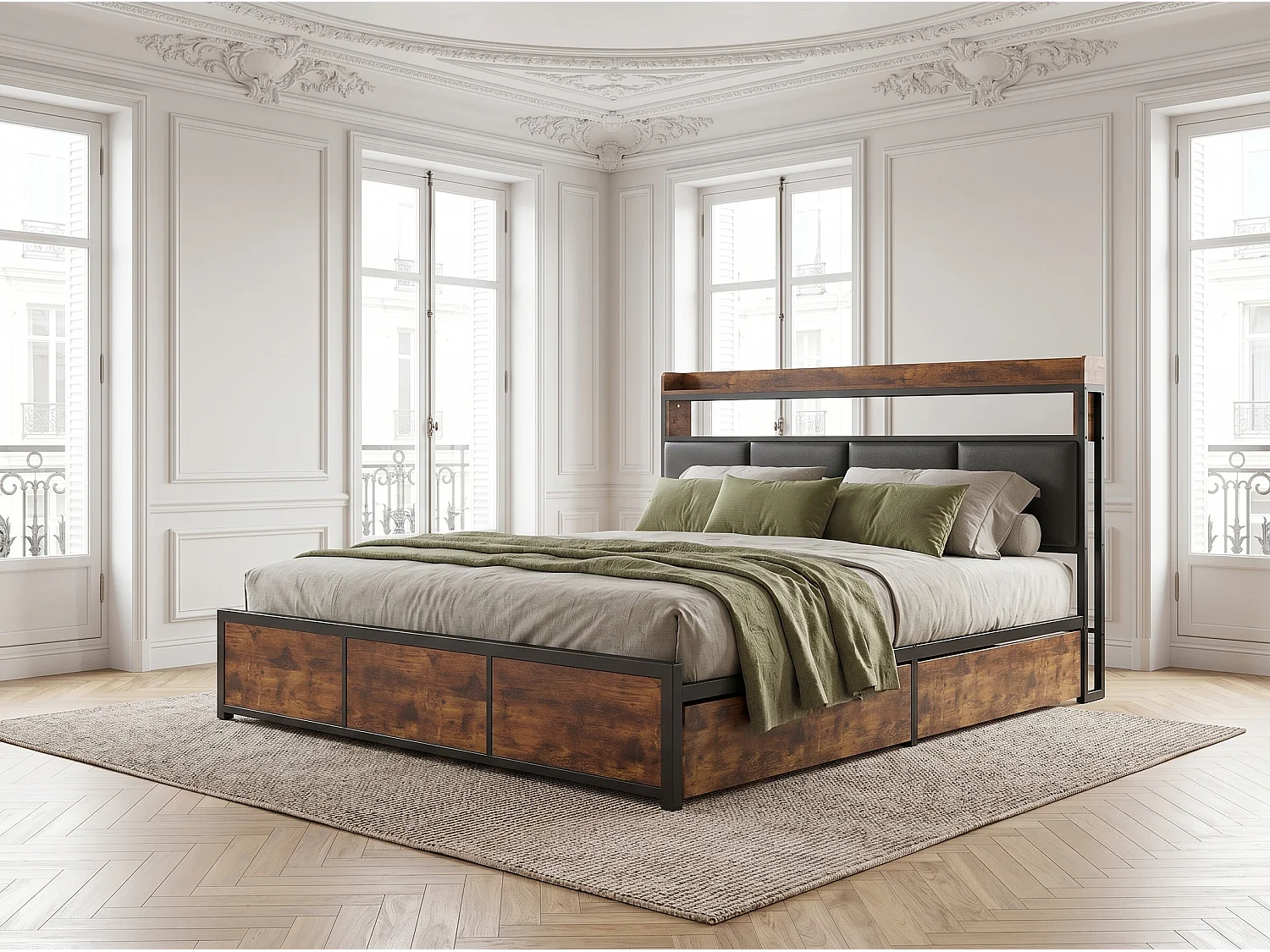 Lit avec 4 tiroirs - 180x200cm - avec rangement et tête de lit étagère
