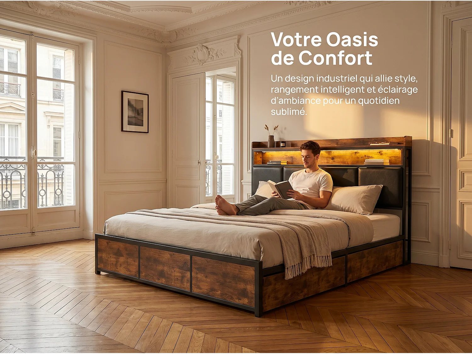 Lit avec 4 tiroirs - 180x200cm - avec rangement et tête de lit étagère