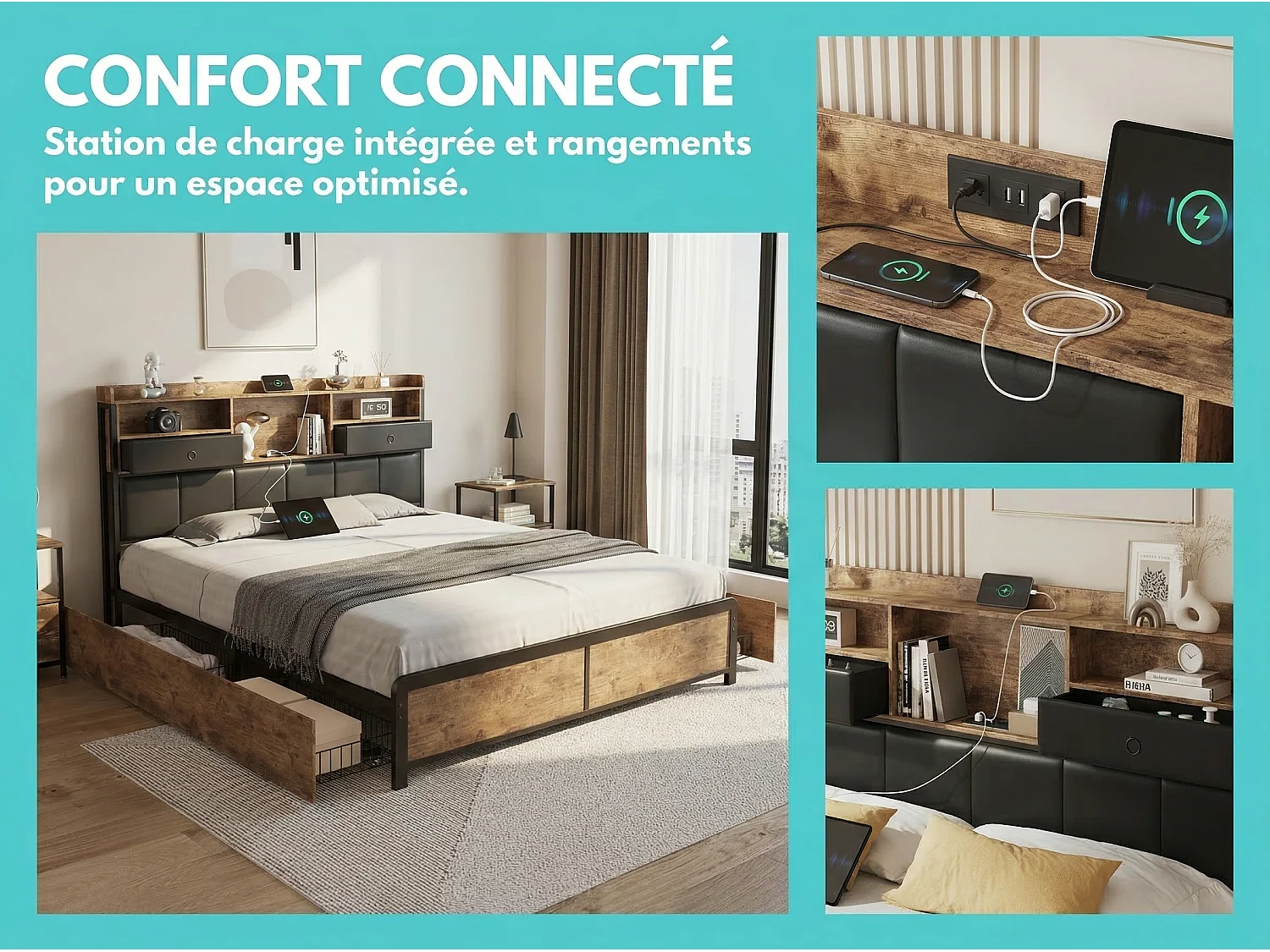 Lit rembourré 140x200 cm - LED et USB - avec rangement et 4 paniers - métal et bois - noir