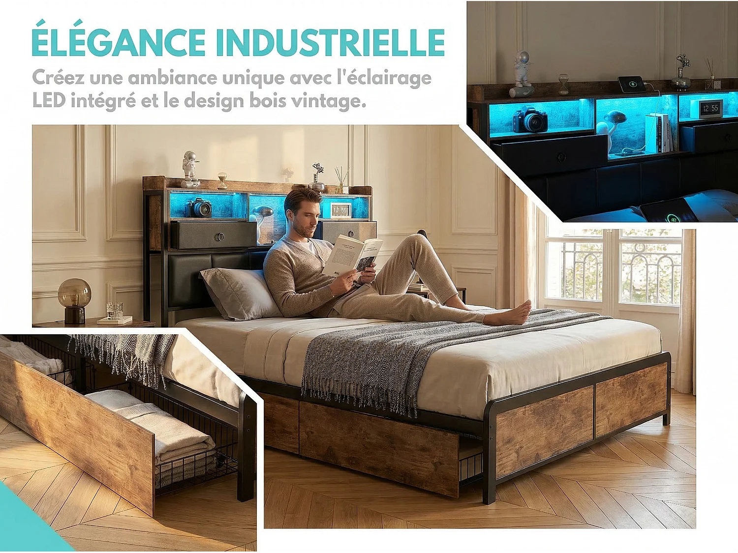 Lit rembourré 140x200 cm - LED et USB - avec rangement et 4 paniers - métal et bois - noir