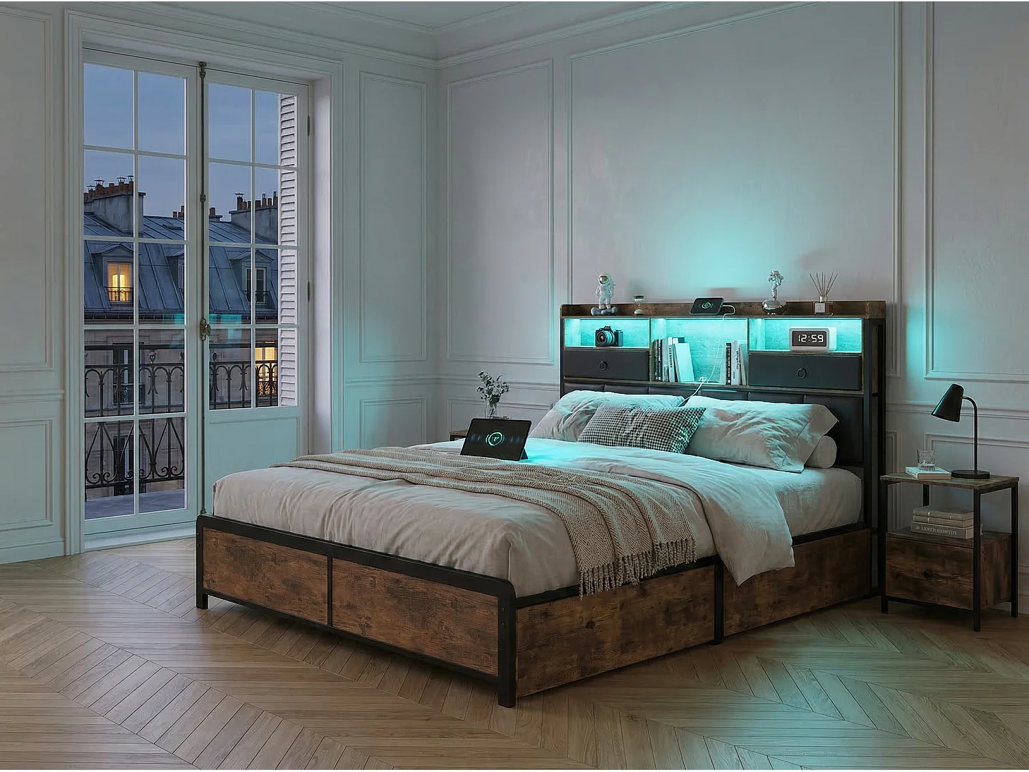 Lit rembourré 140x200 cm - LED et USB - avec rangement et 4 paniers - métal et bois - noir