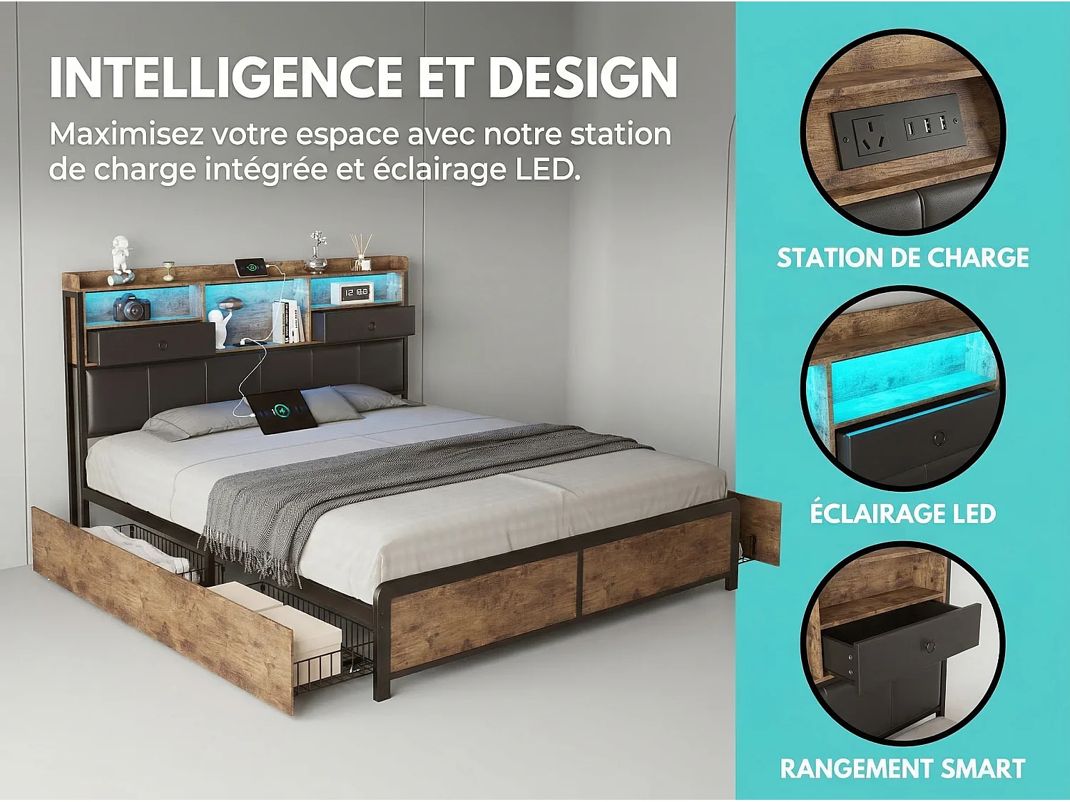 Lit rembourré 140x200 cm - LED et USB - avec rangement et 4 paniers - métal et bois - noir