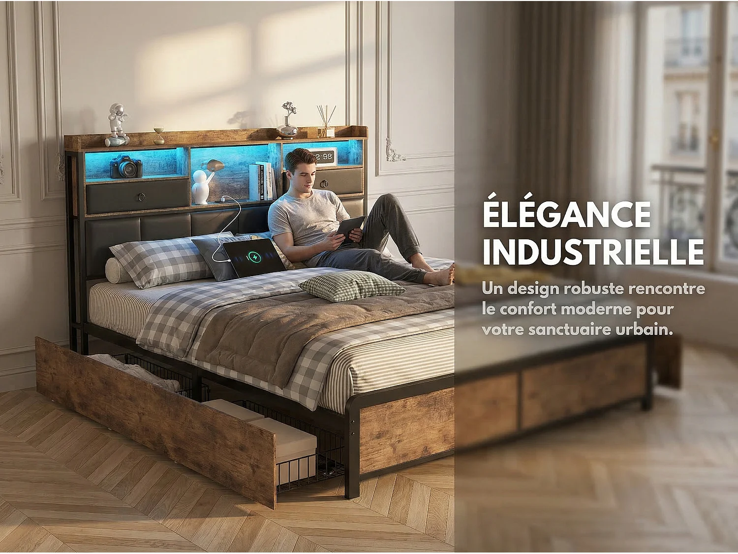 Lit rembourré 140x200 cm - LED et USB - avec rangement et 4 paniers - métal et bois - noir