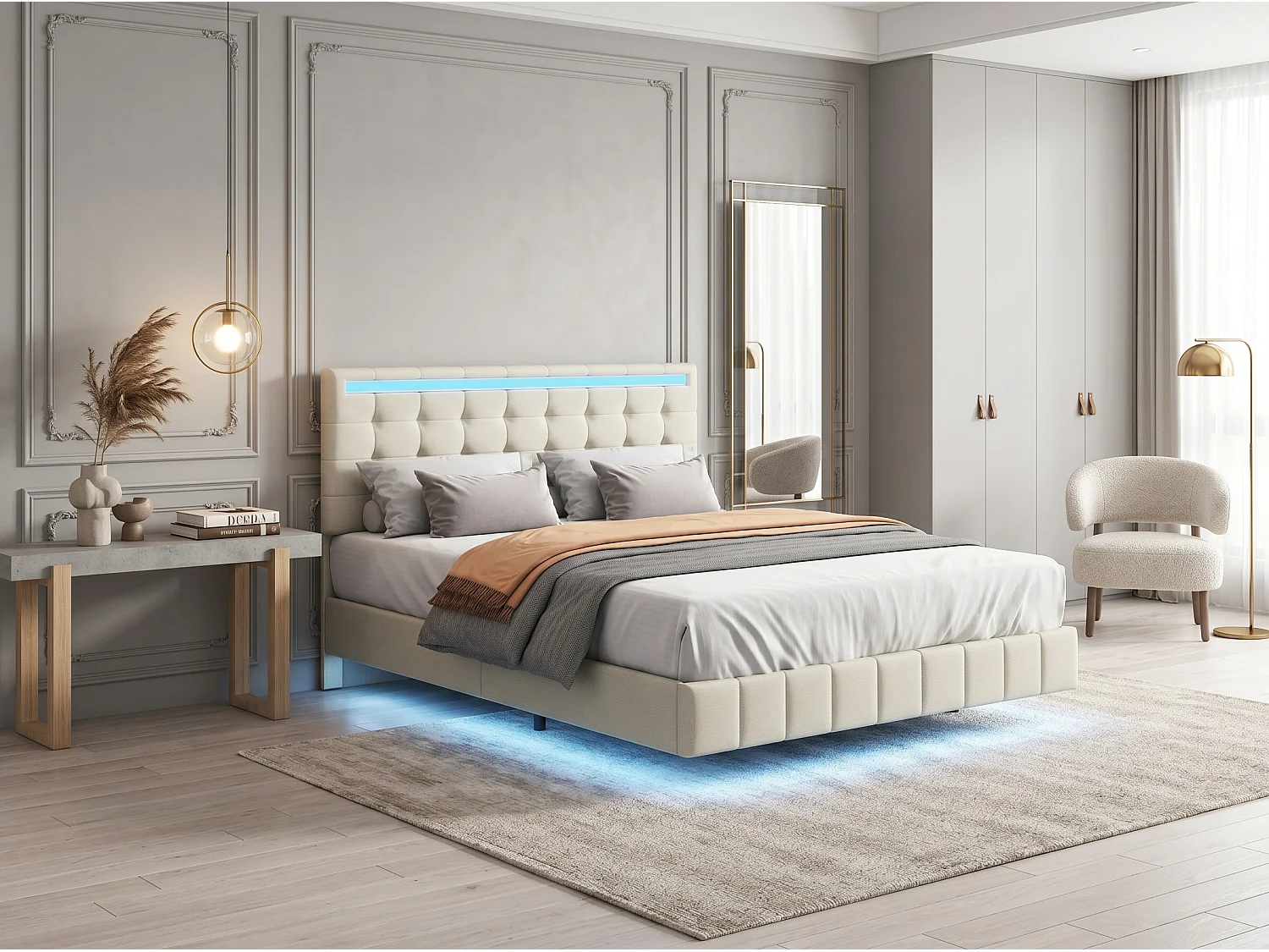 Lit flottant 140 x 200 cm - Tissu lin beige - LED, USB et tête de lit rembourrée