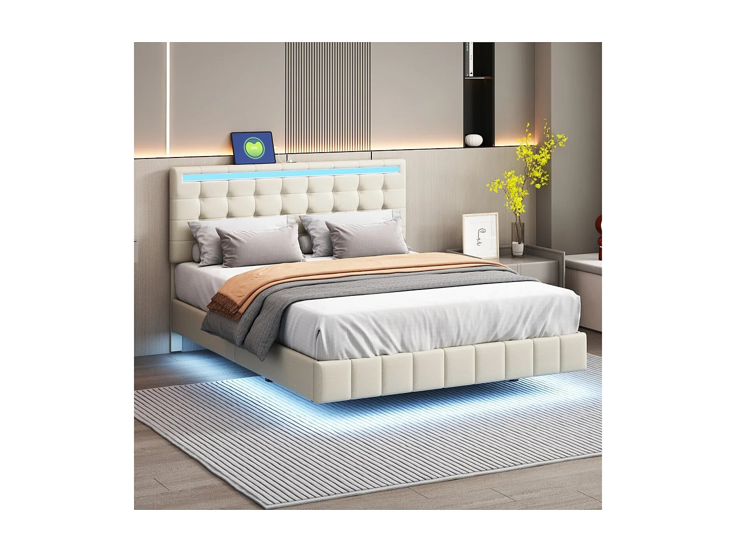 Lit flottant 140 x 200 cm - Tissu lin beige - LED, USB et tête de lit rembourrée