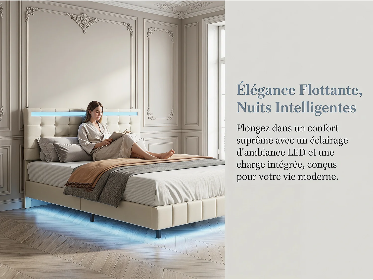 Lit flottant 140 x 200 cm - Tissu lin beige - LED, USB et tête de lit rembourrée