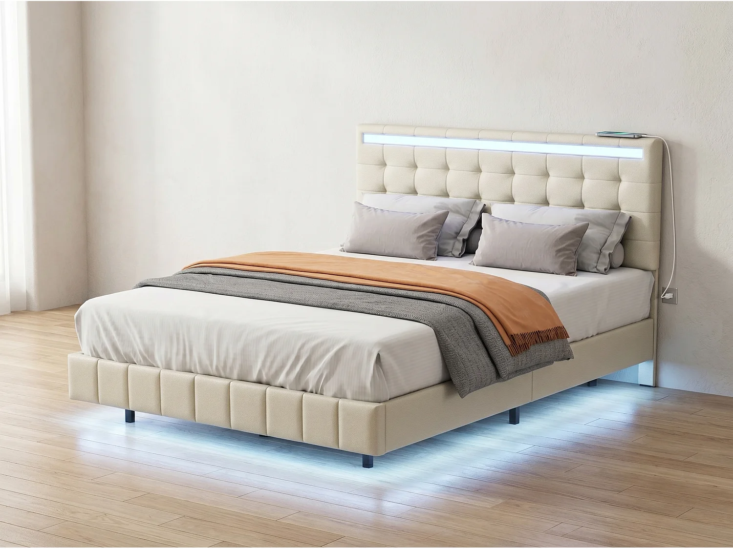 Lit flottant 140 x 200 cm - Tissu lin beige - LED, USB et tête de lit rembourrée