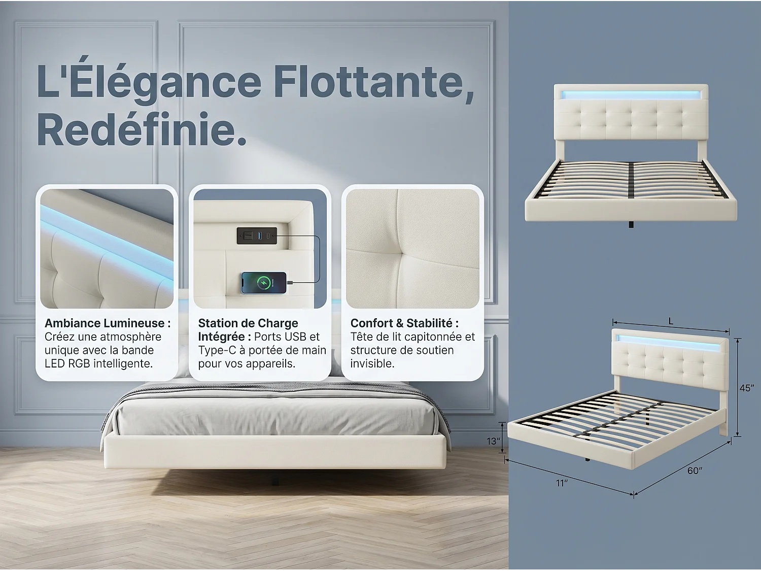 Lit flottant 140 x 200 cm - Tissu lin beige - LED, USB et tête de lit rembourrée
