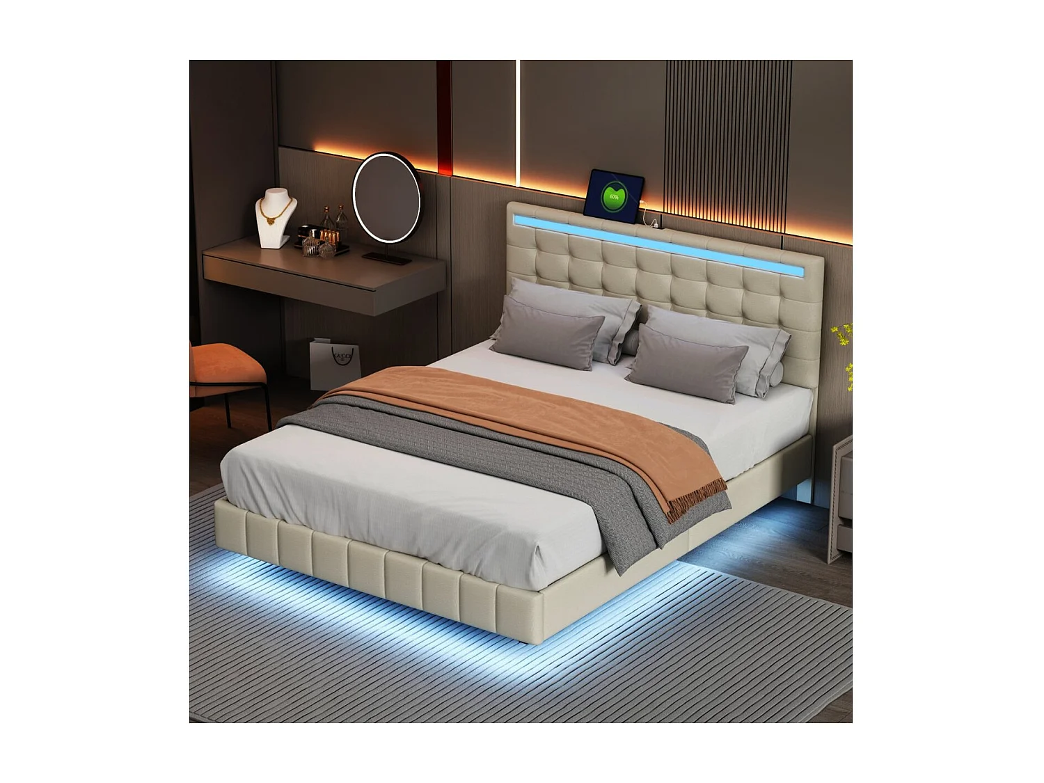 Lit flottant 140 x 200 cm - Tissu lin beige - LED, USB et tête de lit rembourrée