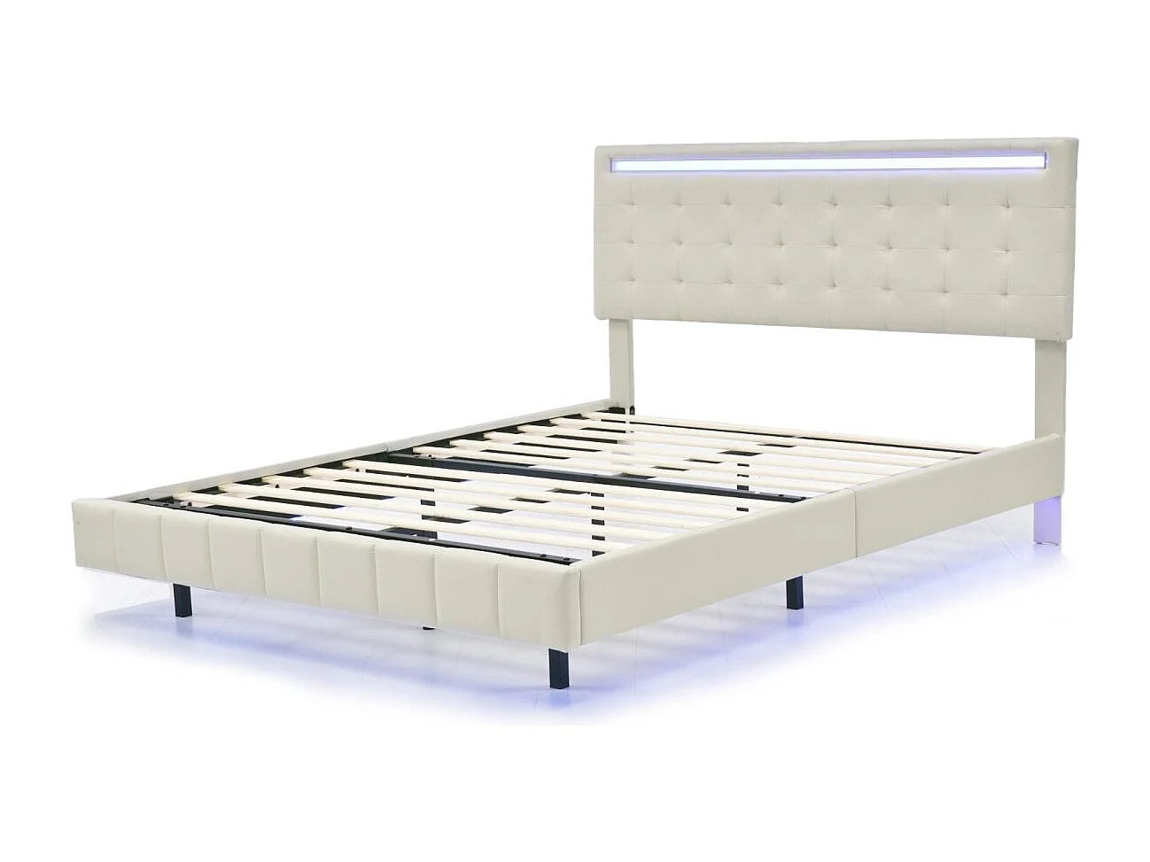 Lit flottant 140 x 200 cm - Tissu lin beige - LED, USB et tête de lit rembourrée