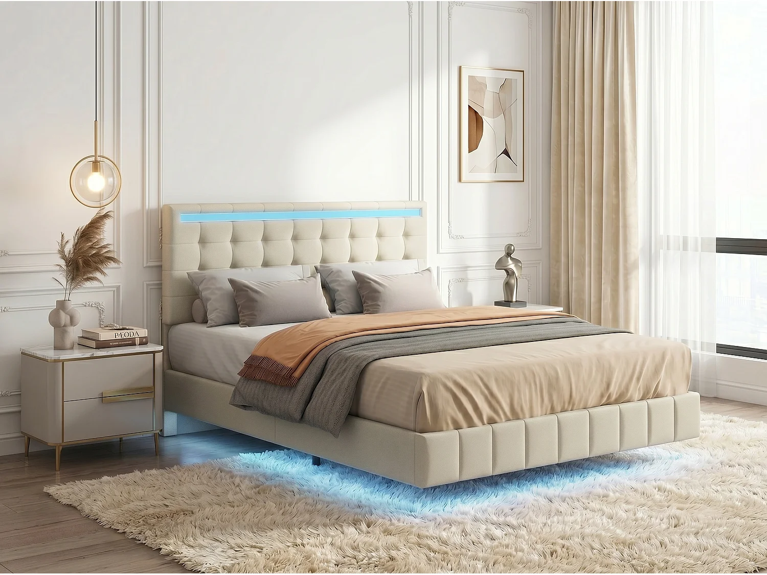 Lit flottant 140 x 200 cm - Tissu lin beige - LED, USB et tête de lit rembourrée