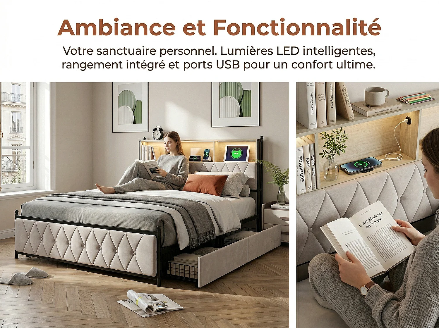 Lit rembourré 180x200 cm - Beige - LED RGB, USB Type-C, rangement et 4 tiroirs