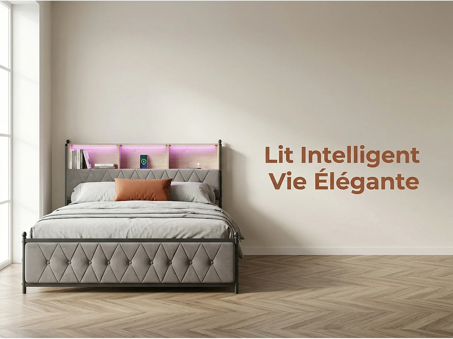Lit rembourré 180x200 cm - Beige - LED RGB, USB Type-C, rangement et 4 tiroirs