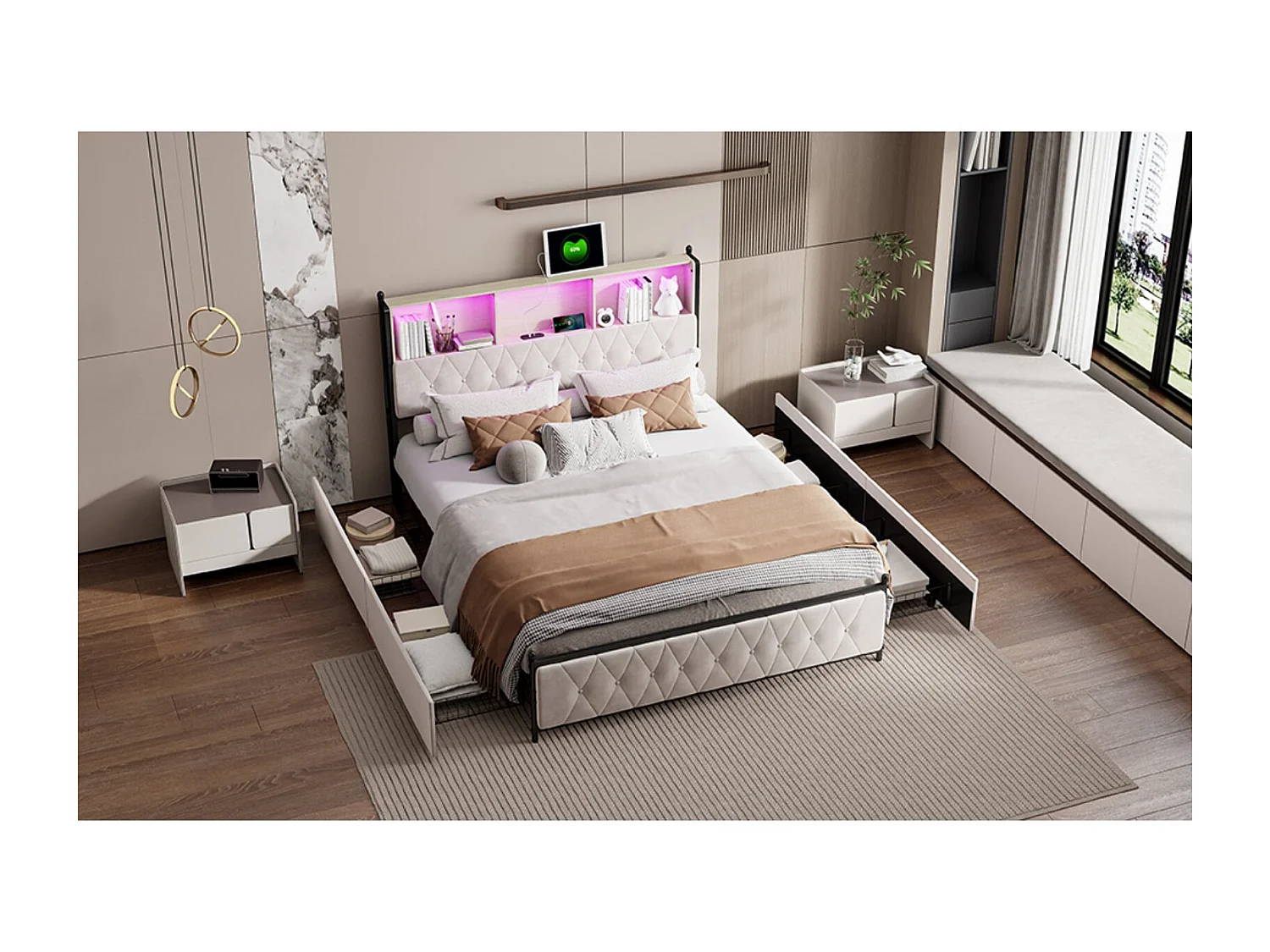 Lit rembourré 180x200 cm - Beige - LED RGB, USB Type-C, rangement et 4 tiroirs