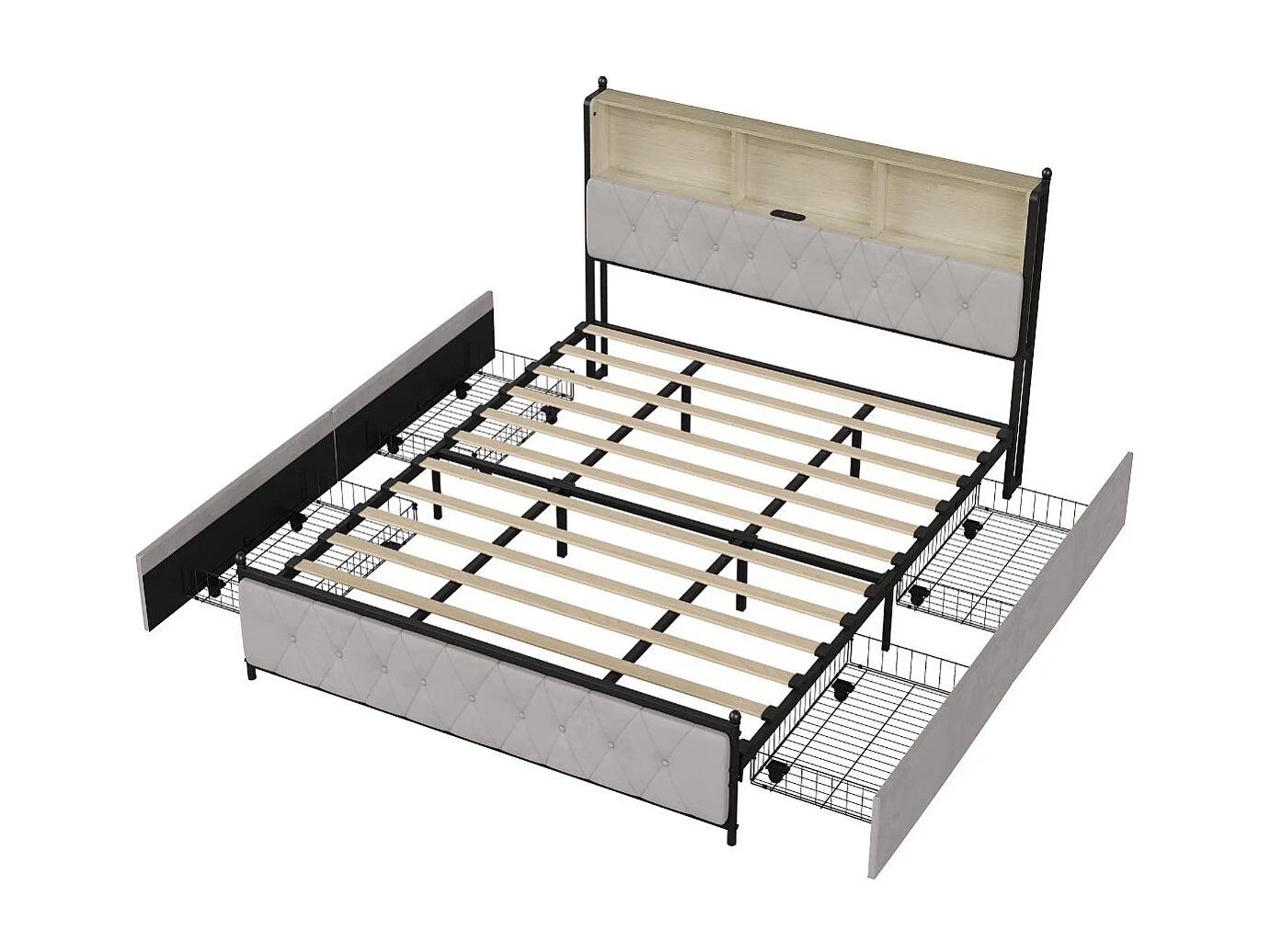 Lit rembourré 180x200 cm - Beige - LED RGB, USB Type-C, rangement et 4 tiroirs