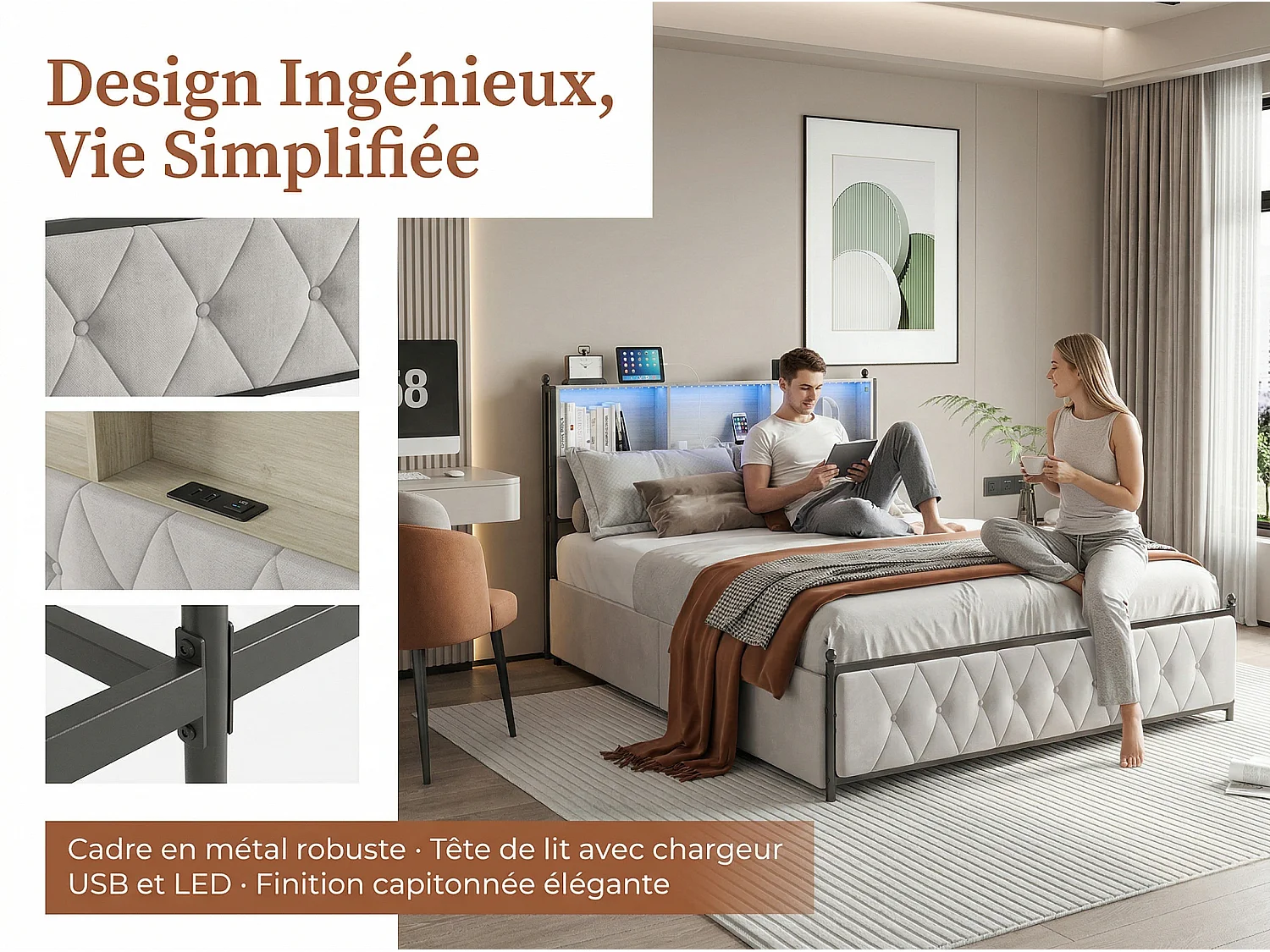 Lit rembourré 180x200 cm - Beige - LED RGB, USB Type-C, rangement et 4 tiroirs