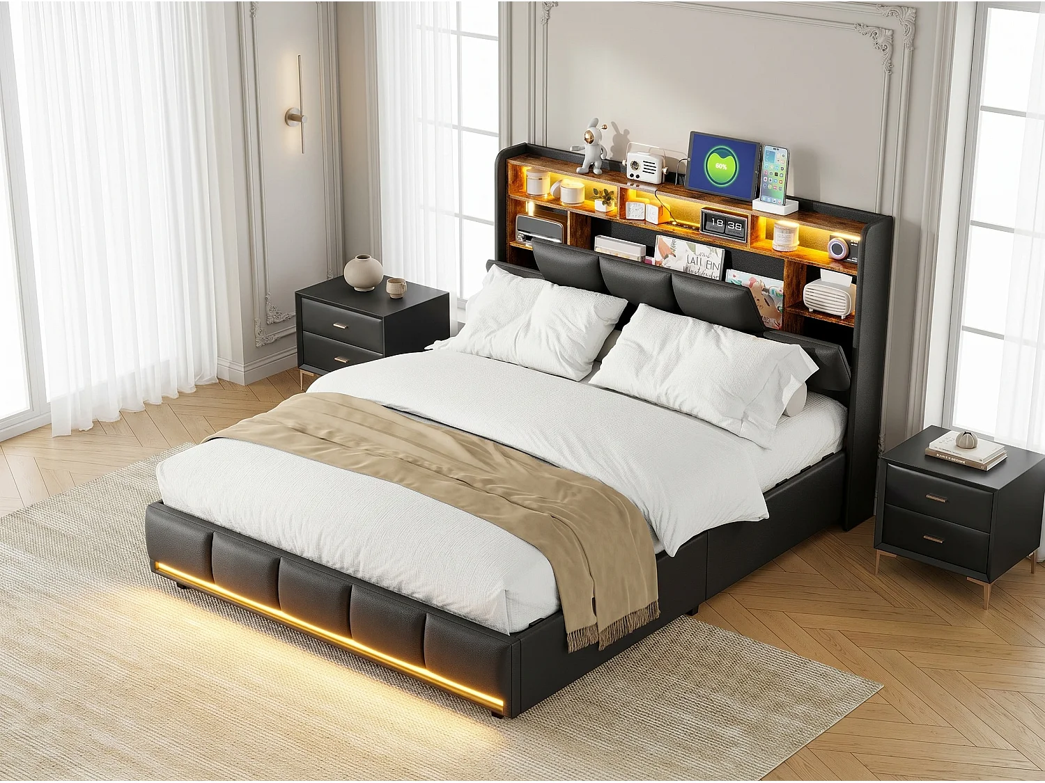 Lit modulable 140x190 cm avec tête de lit configurable - LEDs - Recharge sans fil - Fonctions intelligentes - Sommier à lattes et espace de rangement