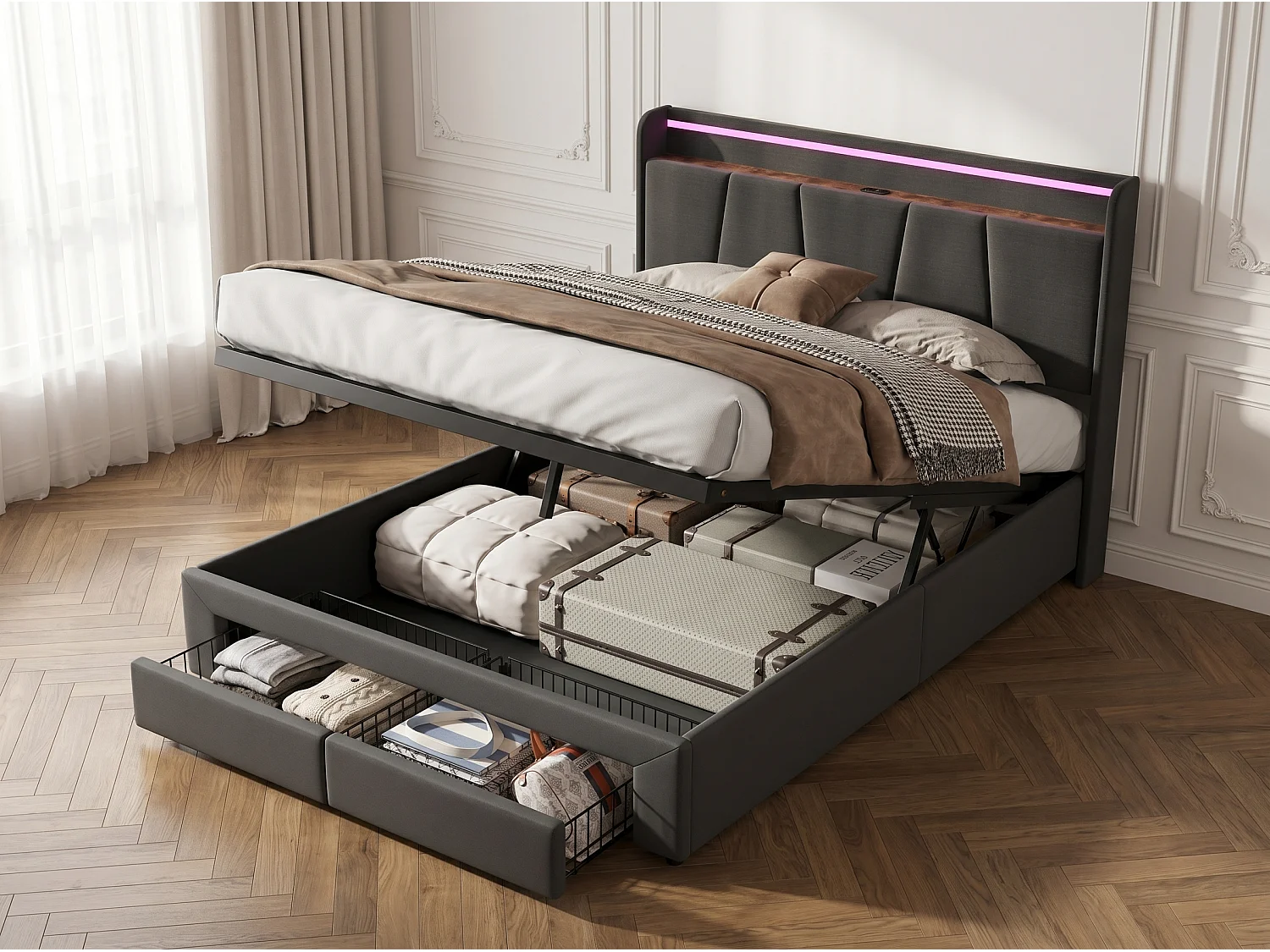 Lit avec 2 tiroirs - 140x190cm - avec LED, USB et tête de lit rangement - Gris