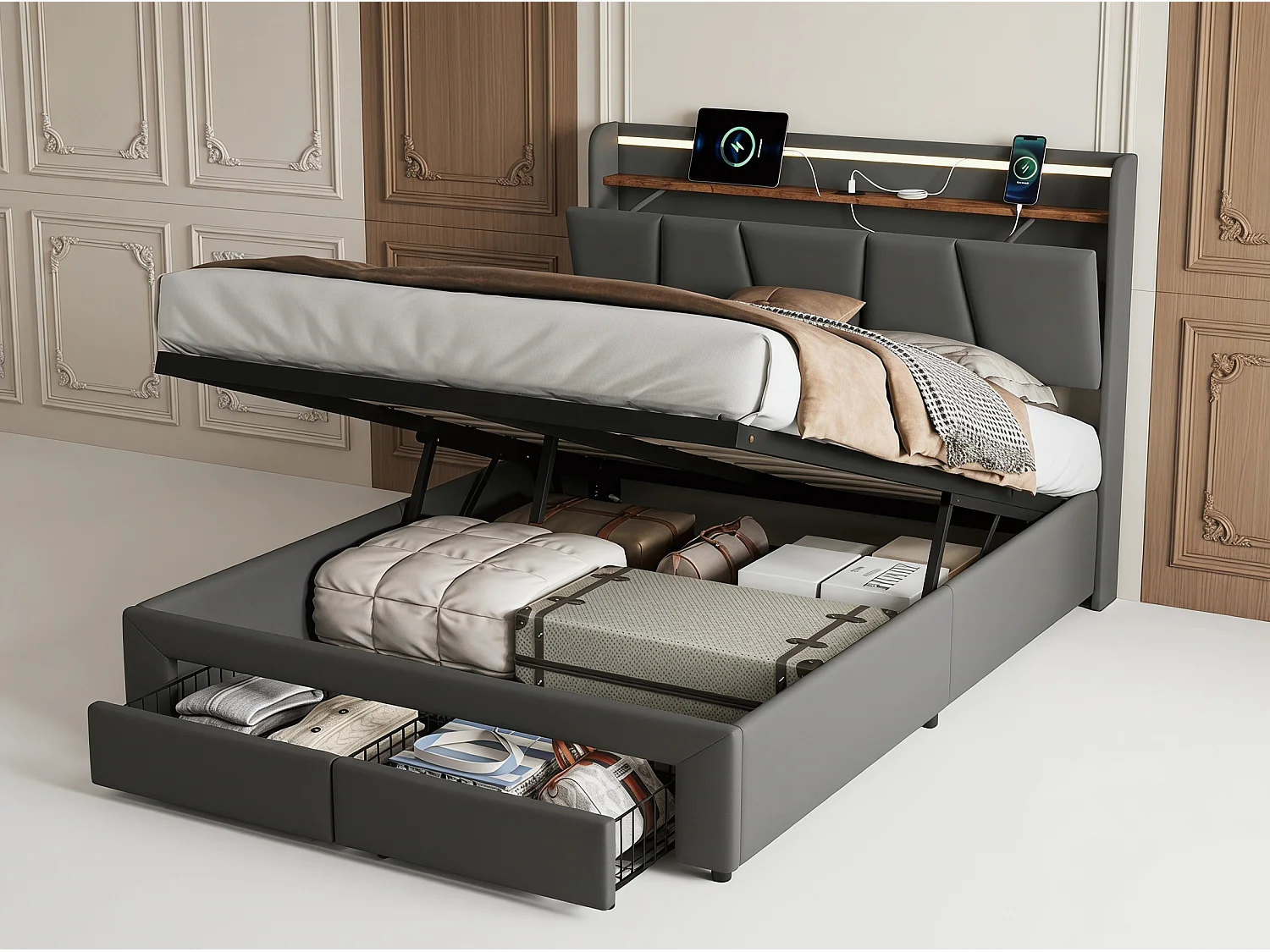 Lit avec 2 tiroirs - 140x190cm - avec LED, USB et tête de lit rangement - Gris